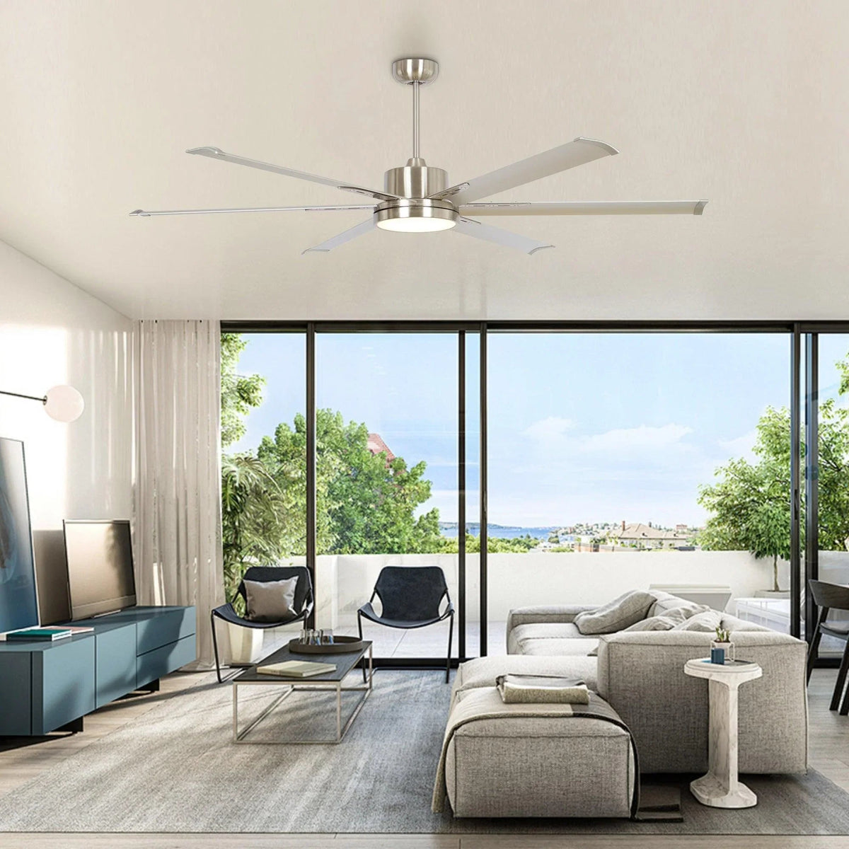 Satin nickel ceiling fan with 5 blades and LED light under a vaulted ceiling