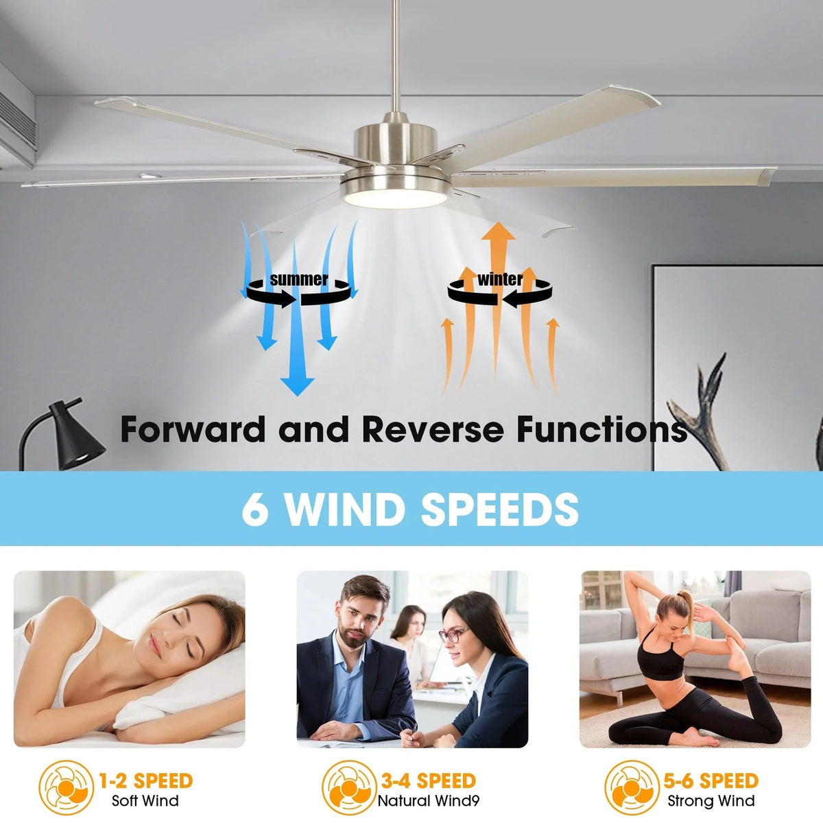 Satin nickel ceiling fan with 5 blades and hanging downrod in a living room