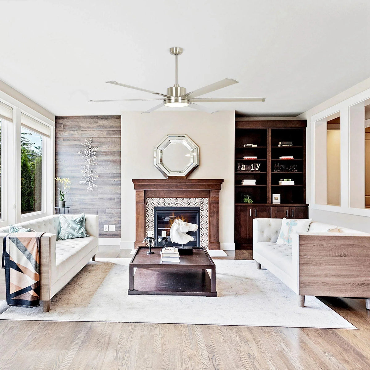 Satin nickel ceiling fan with 5 blades and integrated LED light in open living room