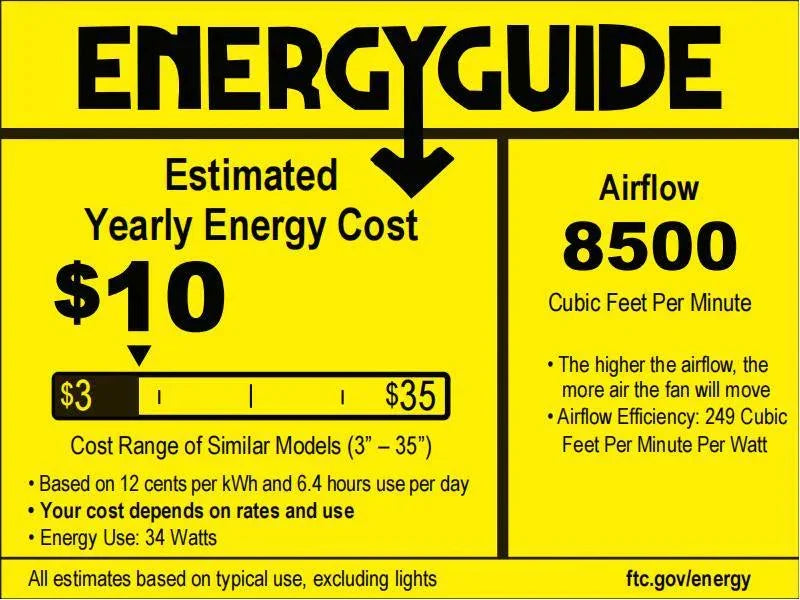 EnergyGuide label showing estimated yearly energy cost $10 and airflow 8500 CFM