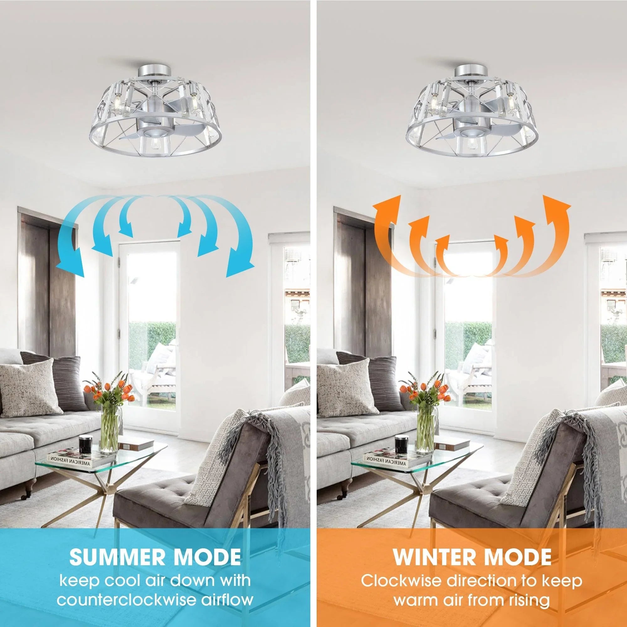 Ceiling fan light with clear glass shade, metal cage, and airflow direction arrows