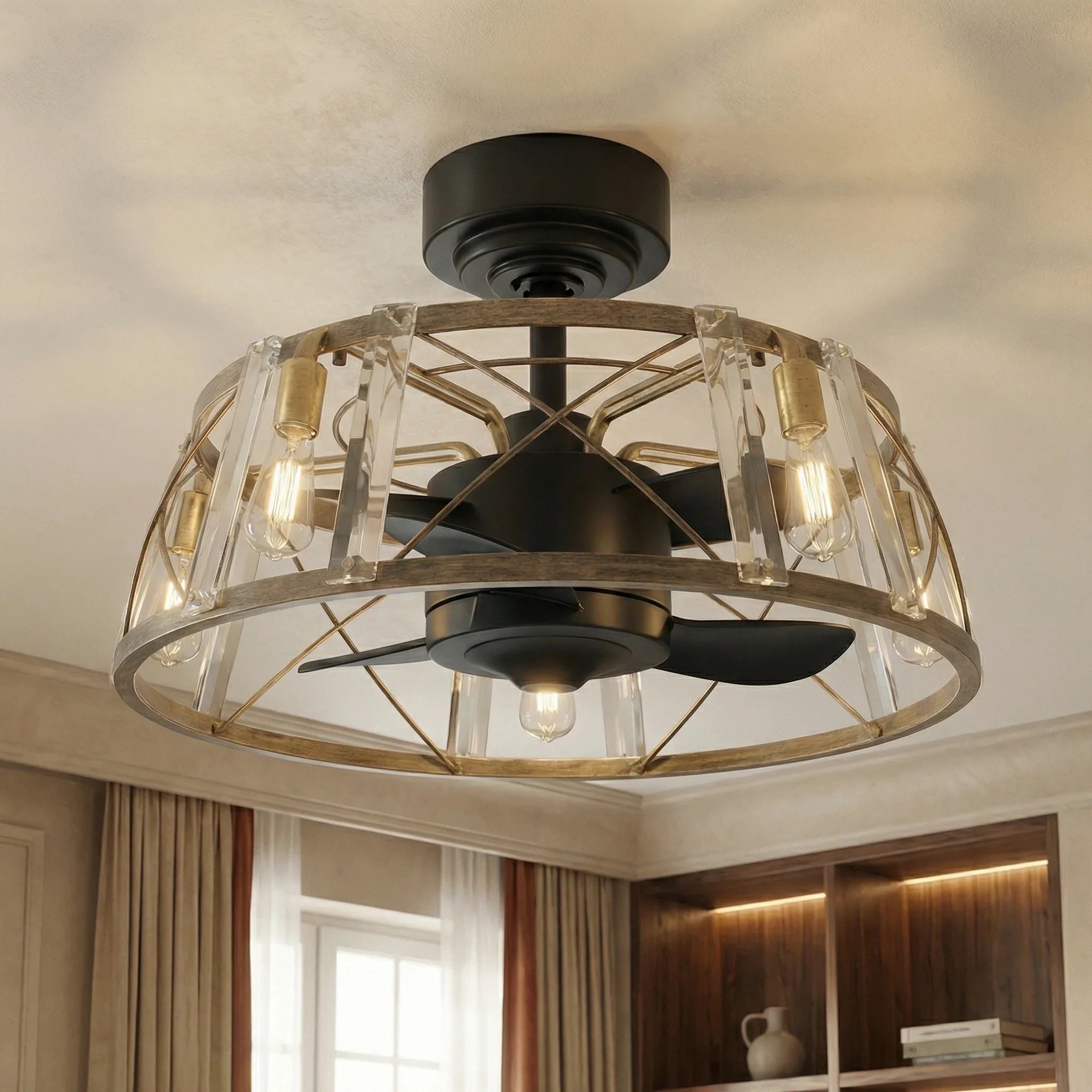Black ceiling fan light with clear glass shade, metal cage, and integrated bulbs