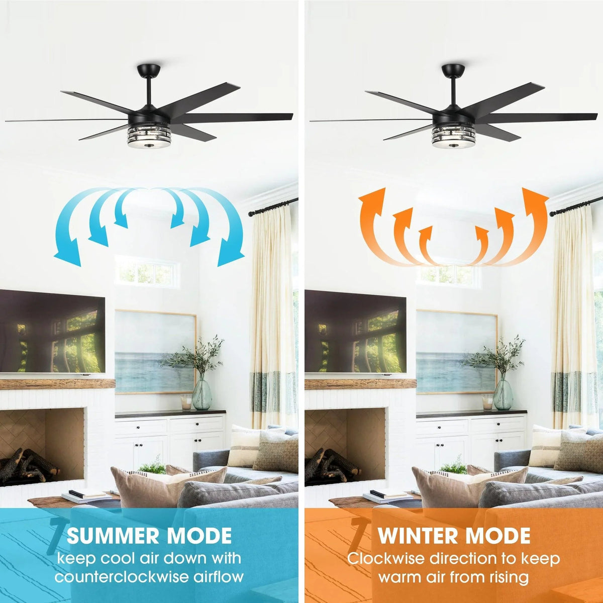Black ceiling fan showing reversible airflow arrows for summer and winter modes