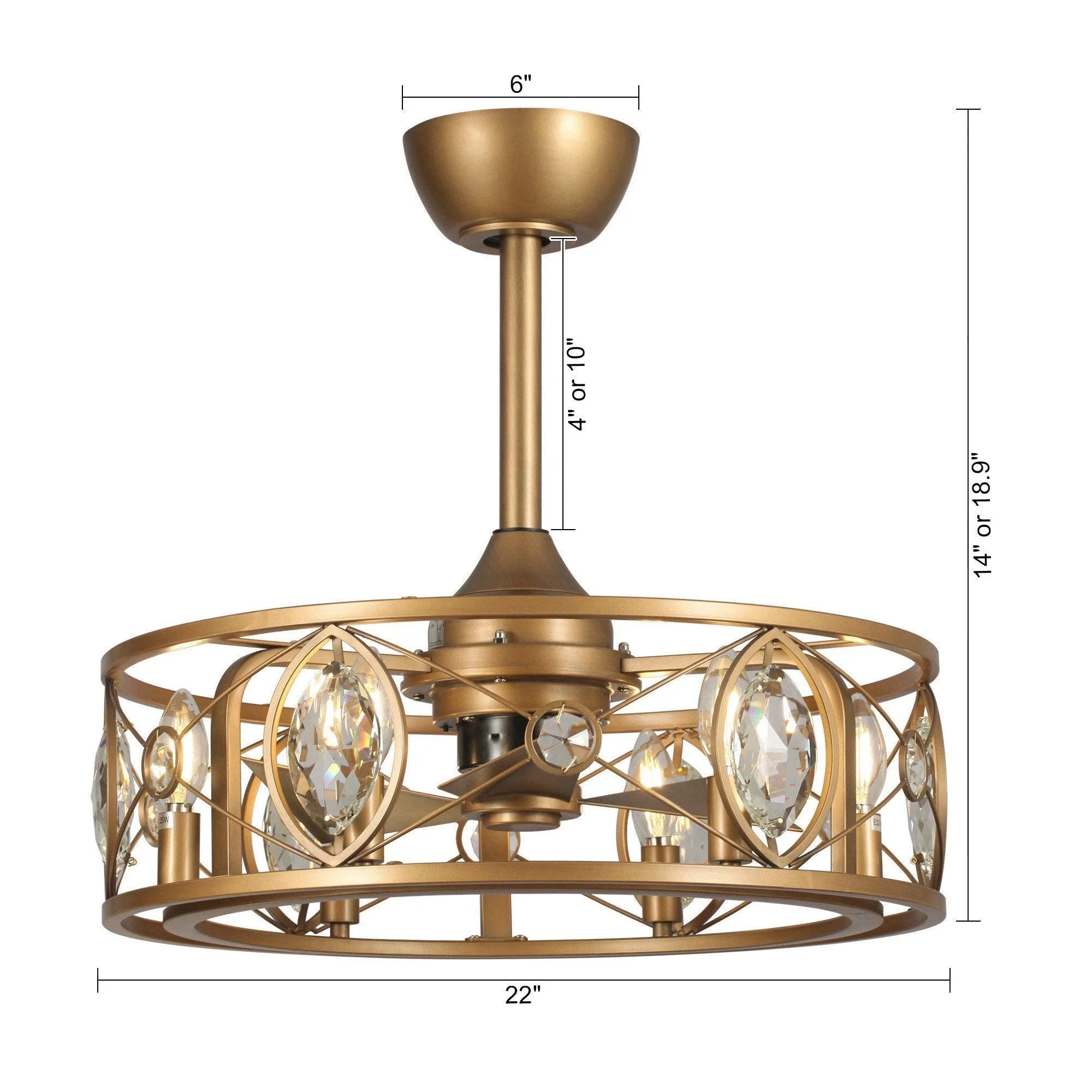 Golden 22-inch crystal cage ceiling fan chandelier with ornate ring and 3 light cups