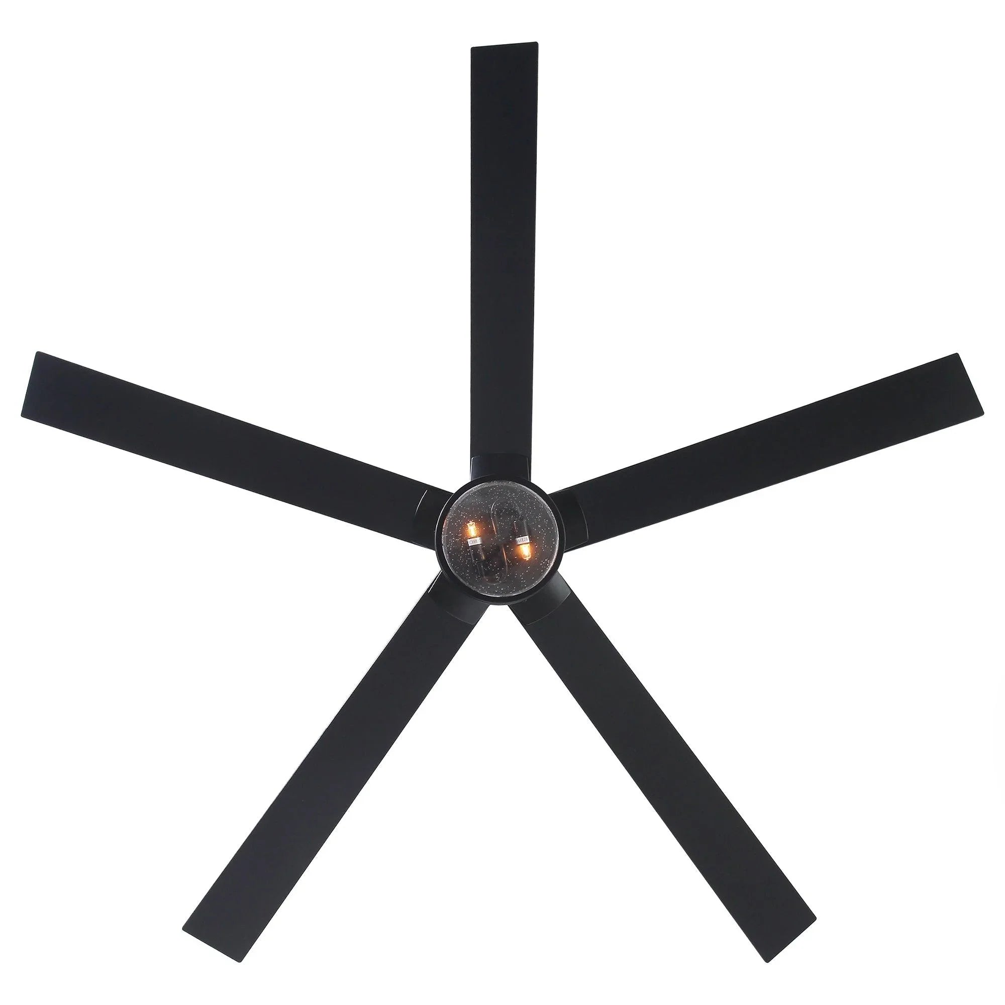 Black ceiling fan with 5 blades and dual amber bulbs near the center