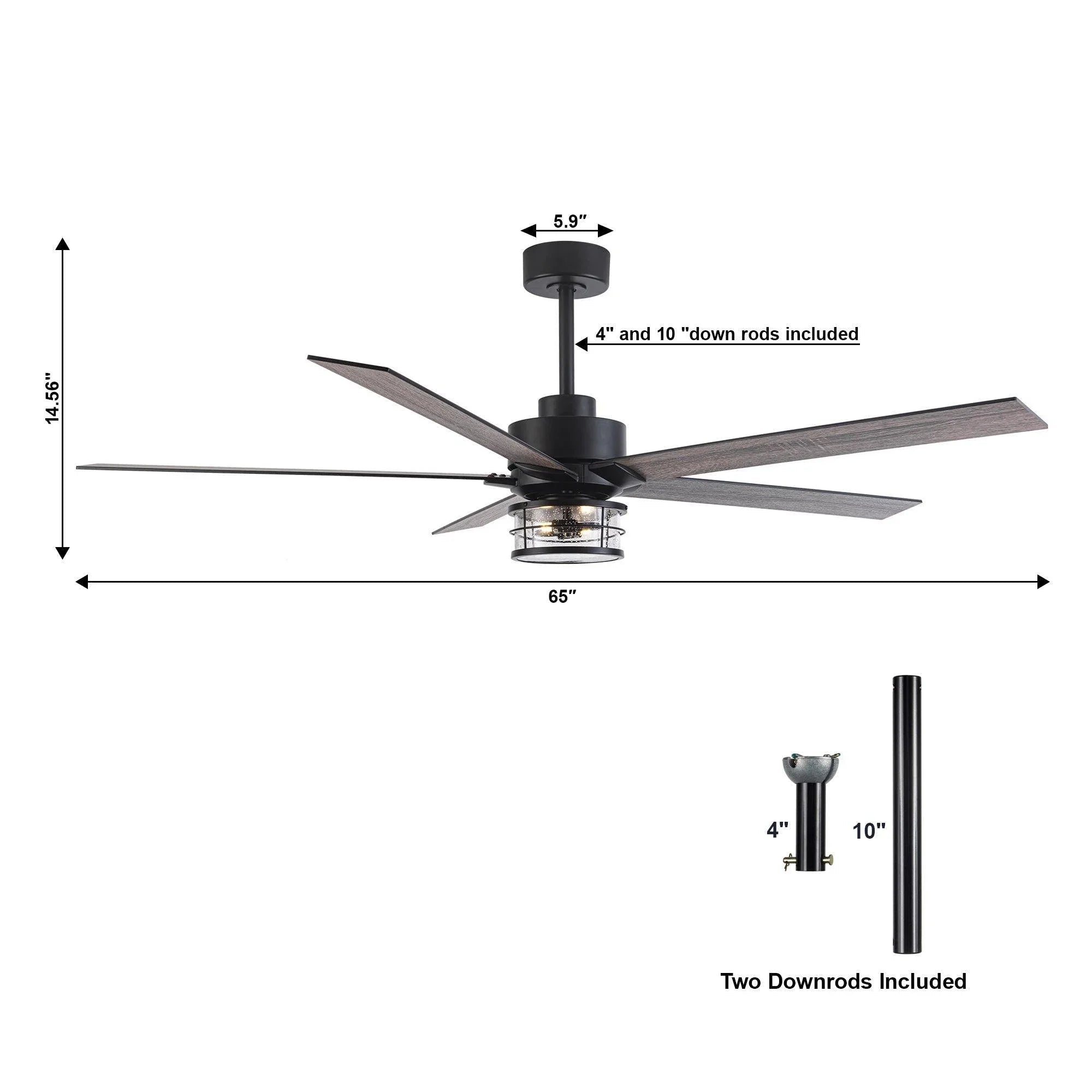 Black ceiling fan height and blade span diagram with included downrod size callouts