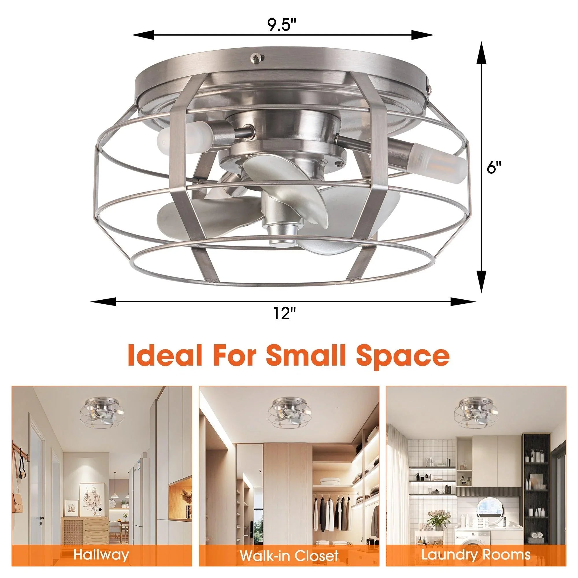 Low-profile caged flush-mount ceiling fan with light and three glass bulbs, satin nickel