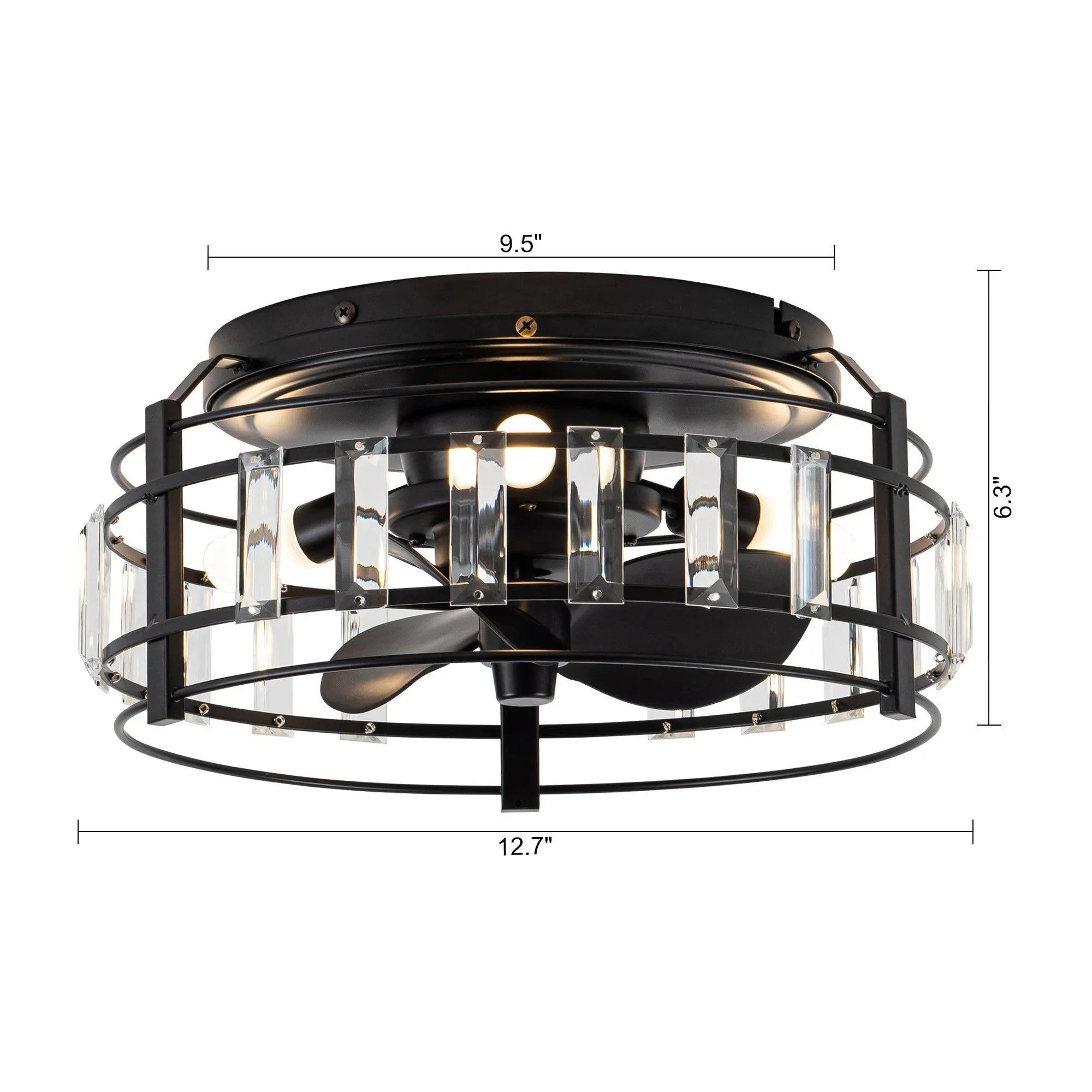 Ceiling fan dimensions: 12.7 in diameter and 6.3 in height, black flush mount