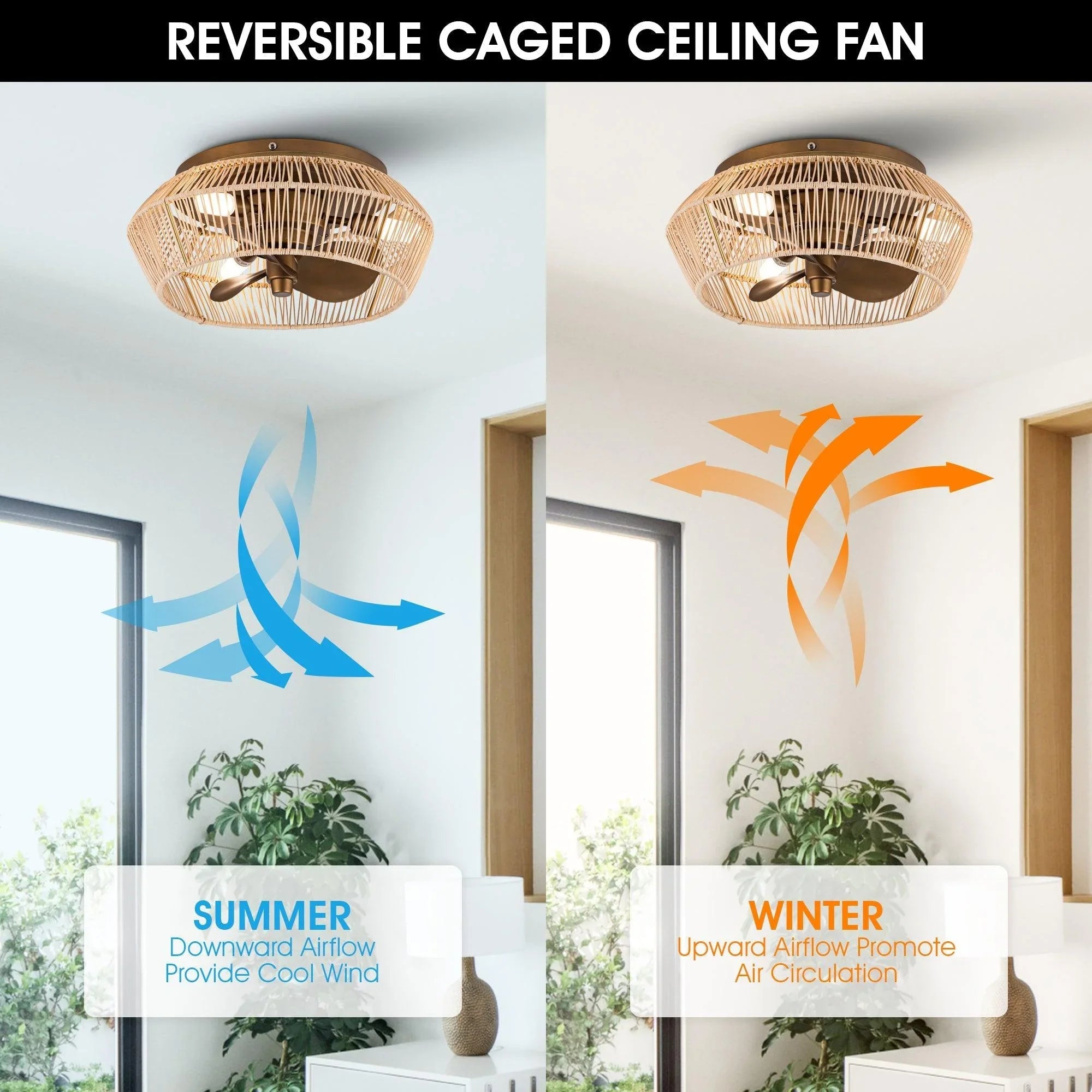 Golden reversible caged ceiling fan showing summer and winter airflow directions
