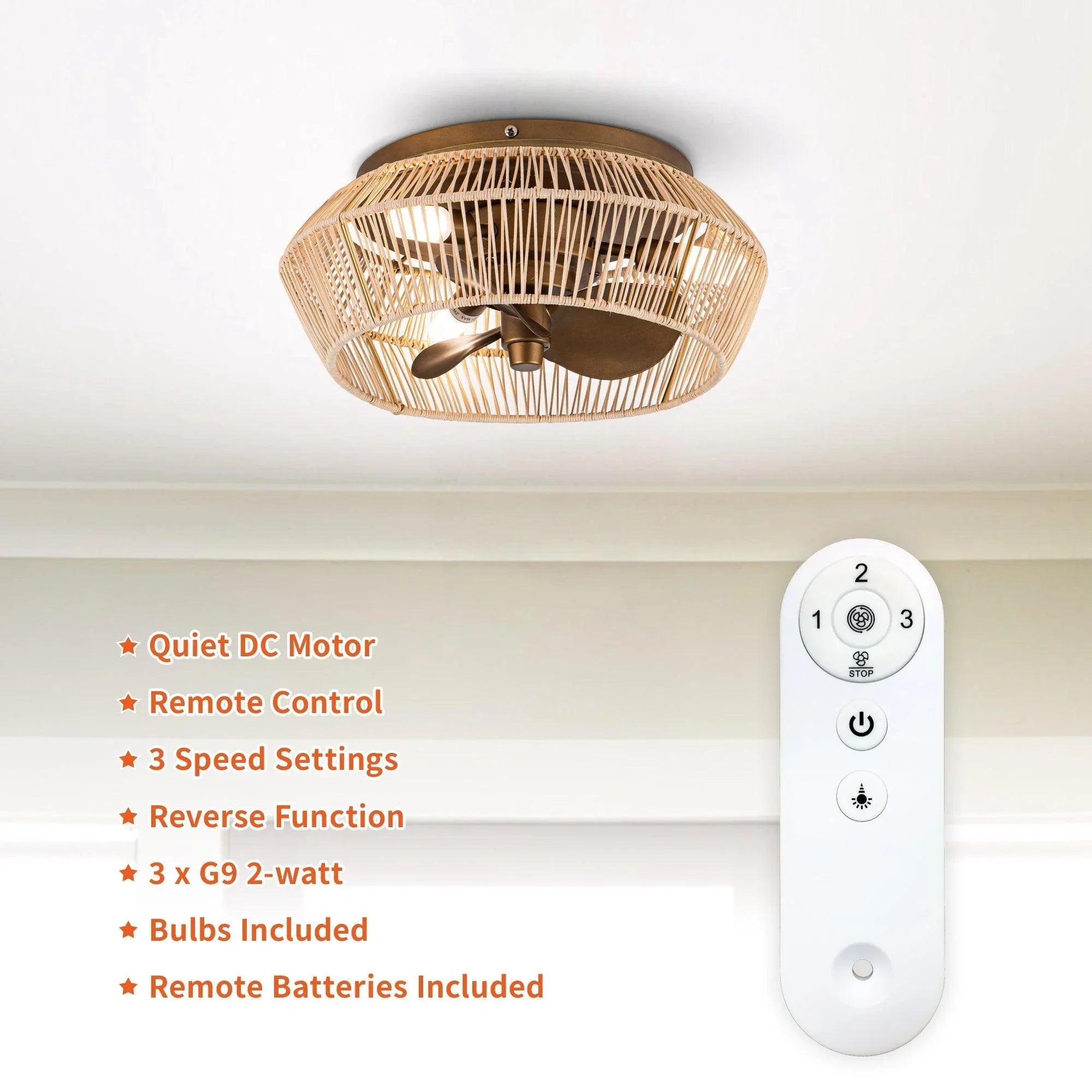 Golden reversible caged ceiling fan with LED lights and included remote control