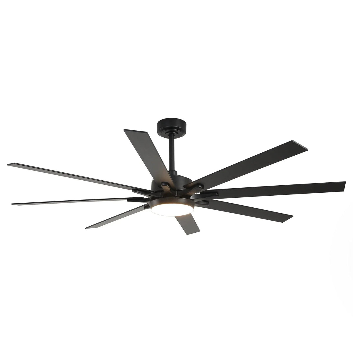Black modern ceiling fan with five blades and integrated LED light
