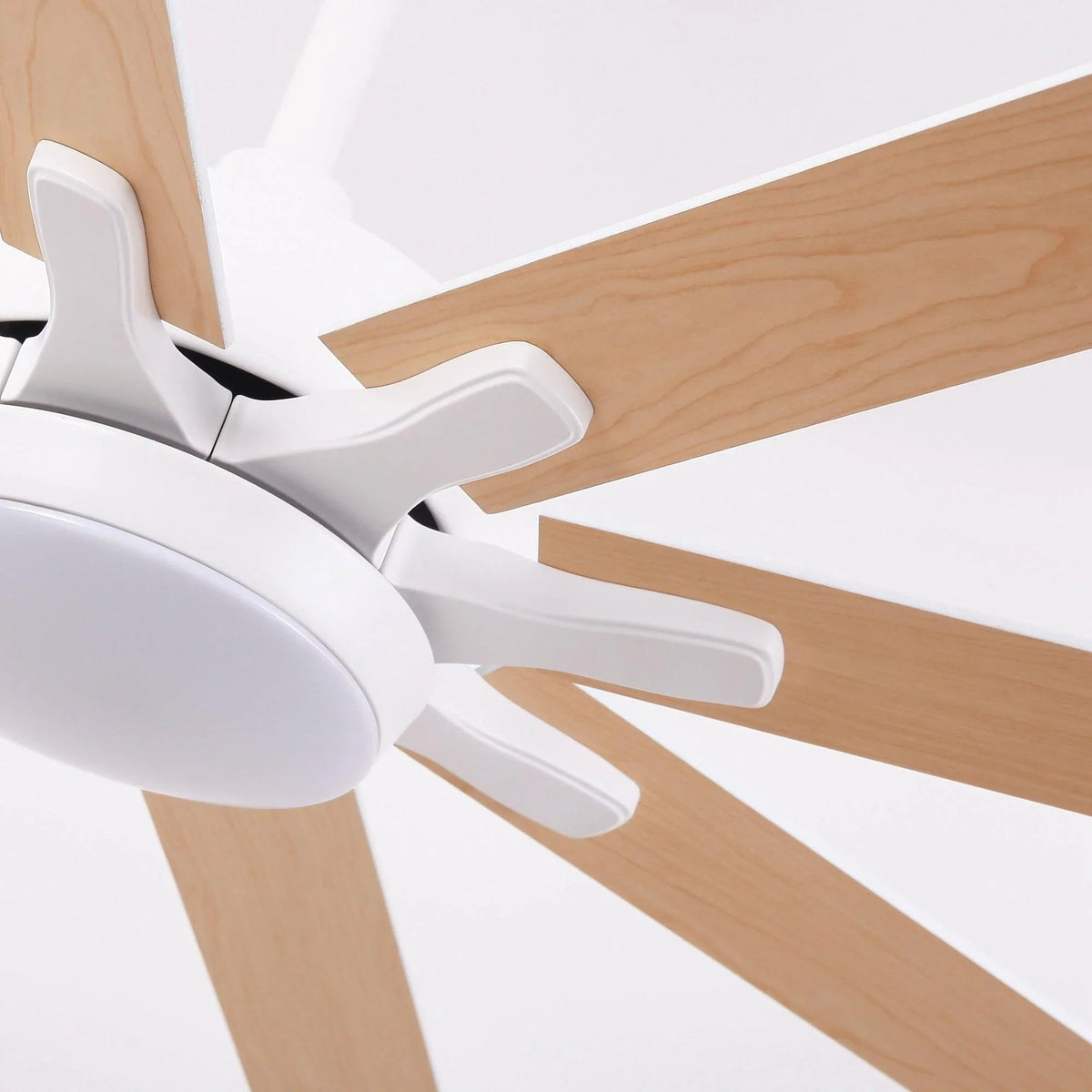 White ceiling fan blade detail with LED light housing