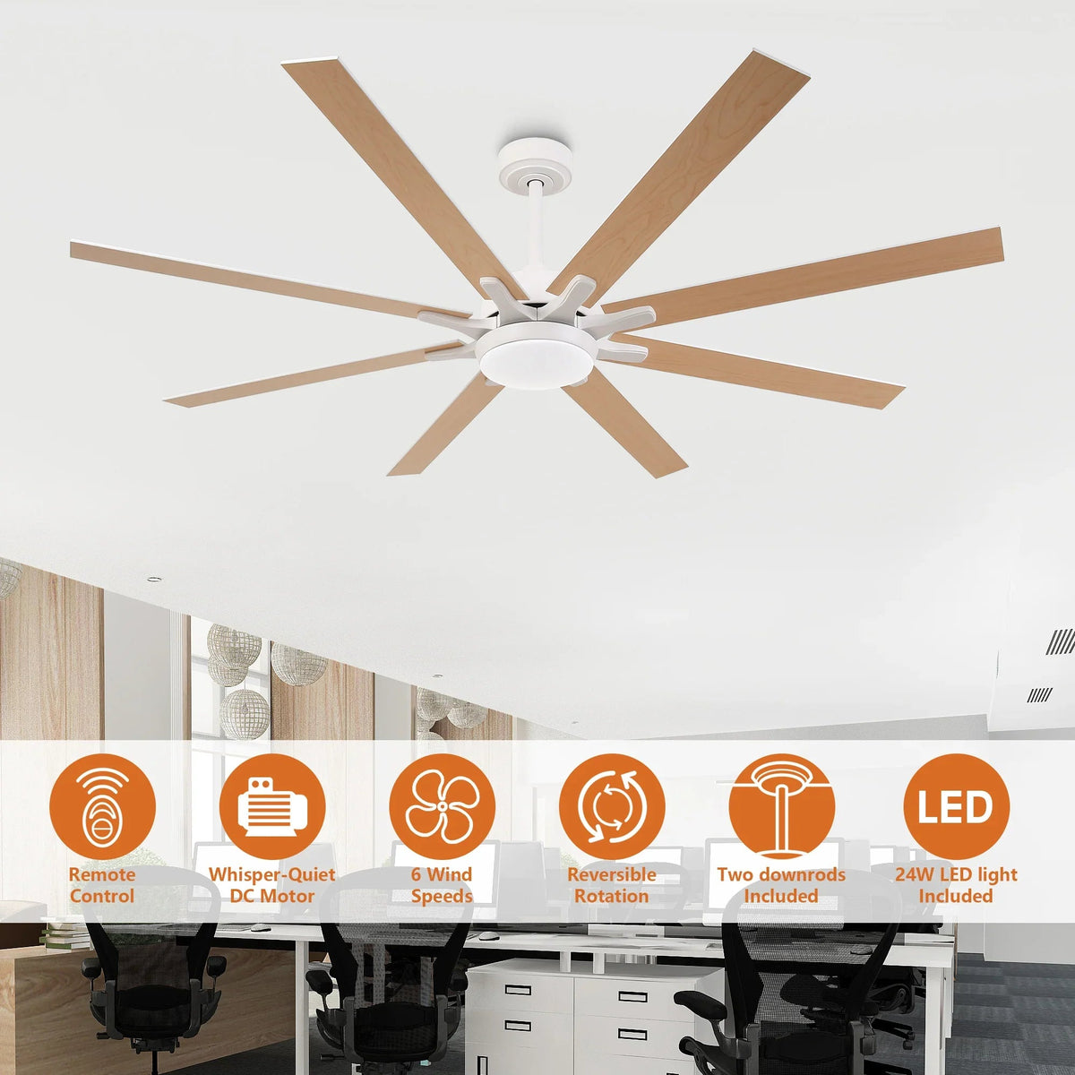 White ceiling fan with LED light and five light oak reversible blades