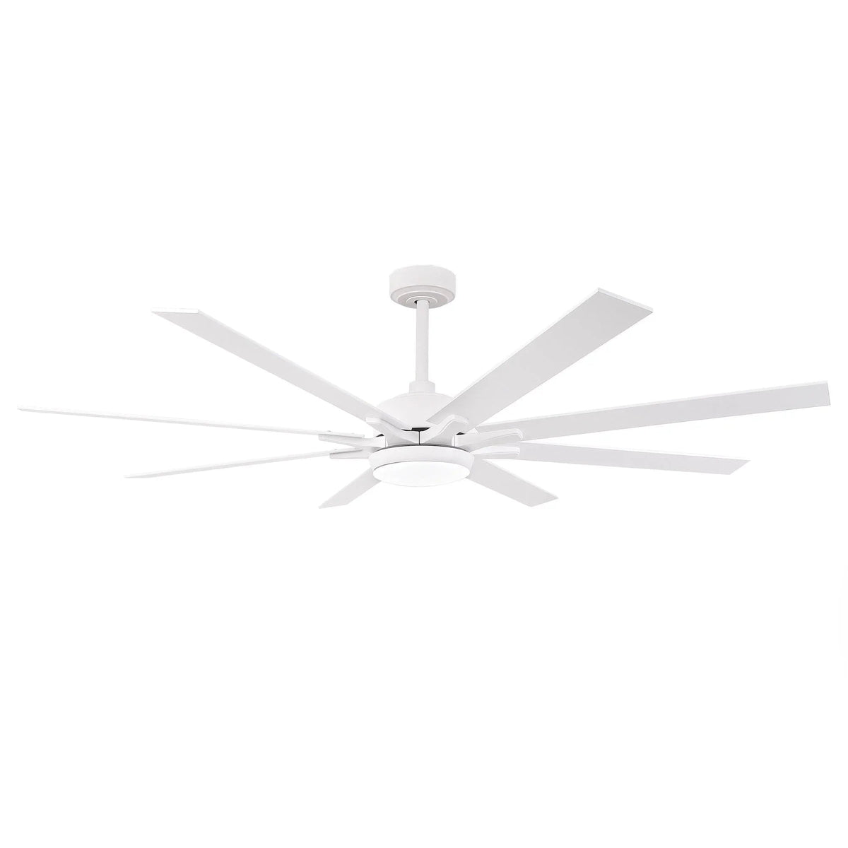 White modern ceiling fan with five blades and integrated LED light