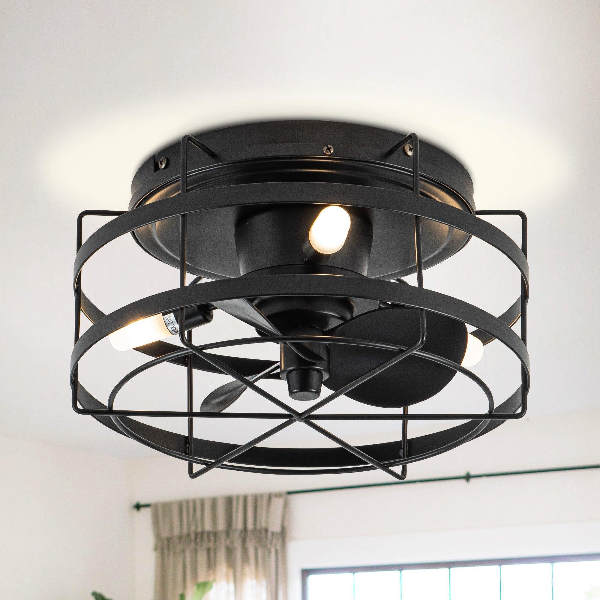 Black ceiling fan flush mount with glowing bulb and circular metal guard