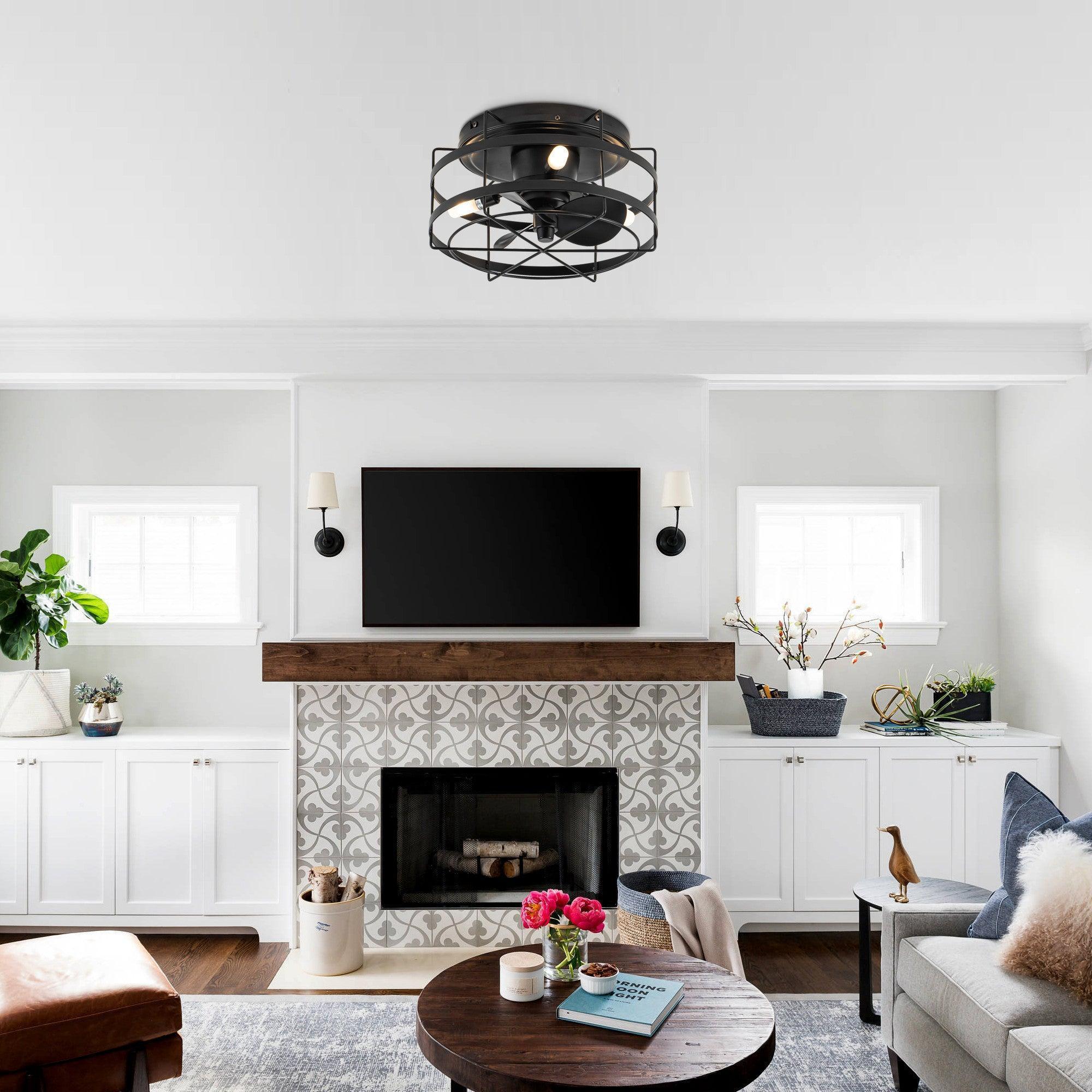 Black flush-mount ceiling fan and light fixture on ceiling in living room
