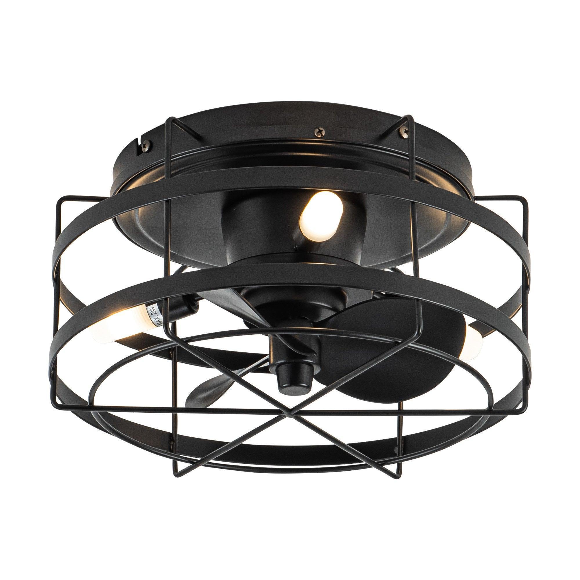Black flush-mount ceiling fan with fan housing, cage bars, and illuminated bulb