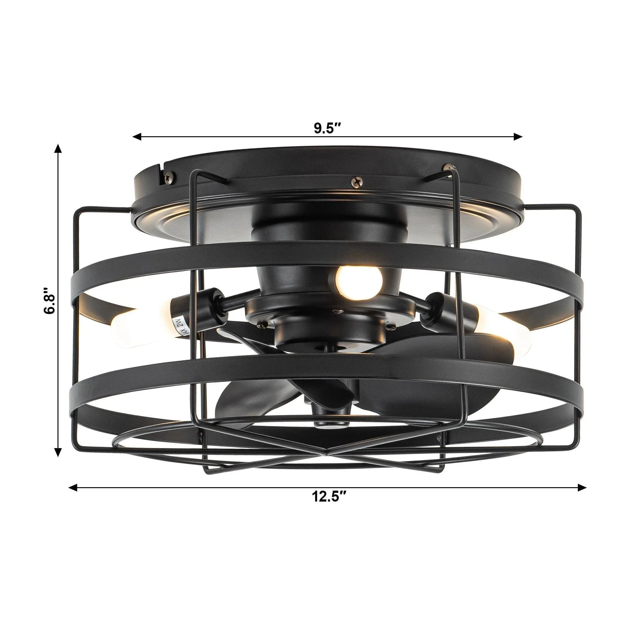 Black flush-mount ceiling fan with integrated light, 9.5 in width and 6.8 in height