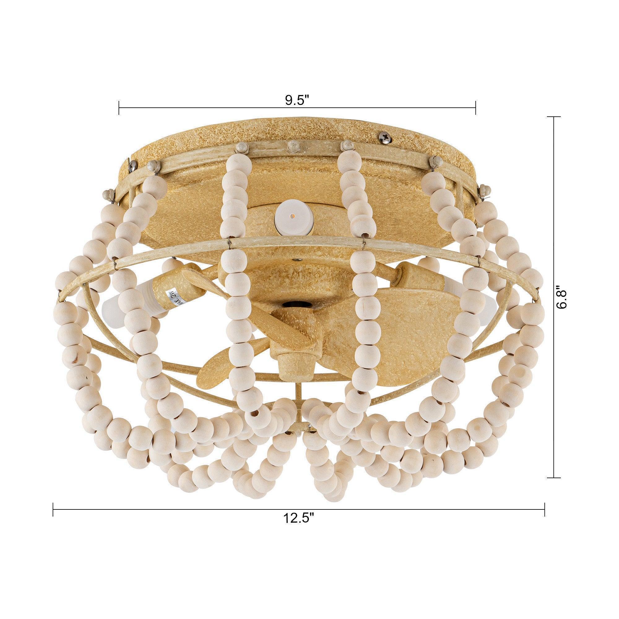 Beige farmhouse flush-mount ceiling fan with beaded edge trim and light