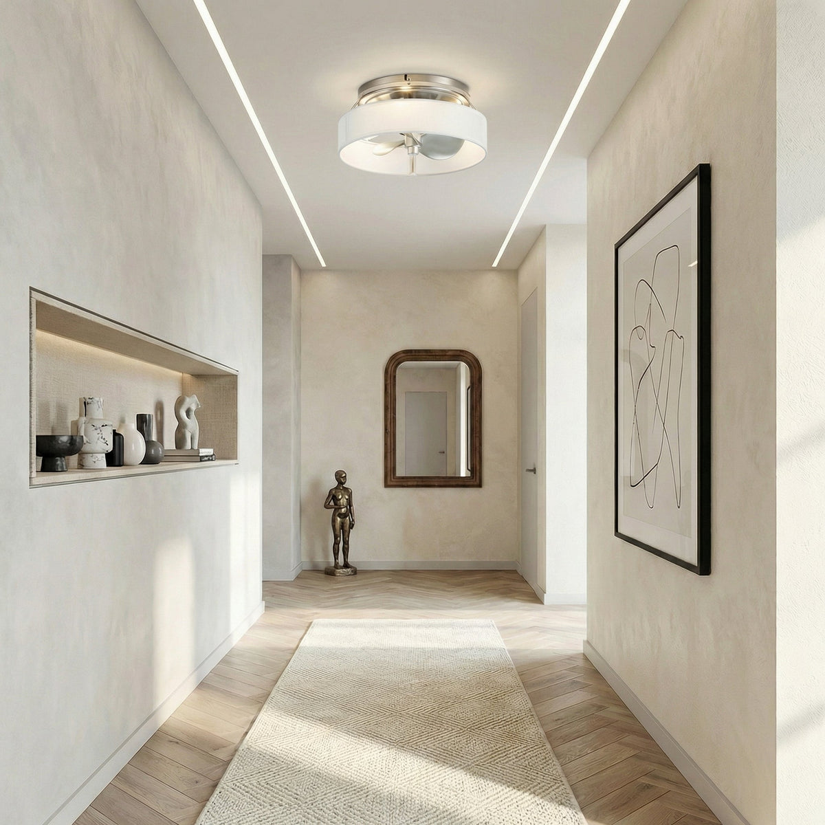 Modern flush mount ceiling fan, satin nickel housing with white frosted light cover