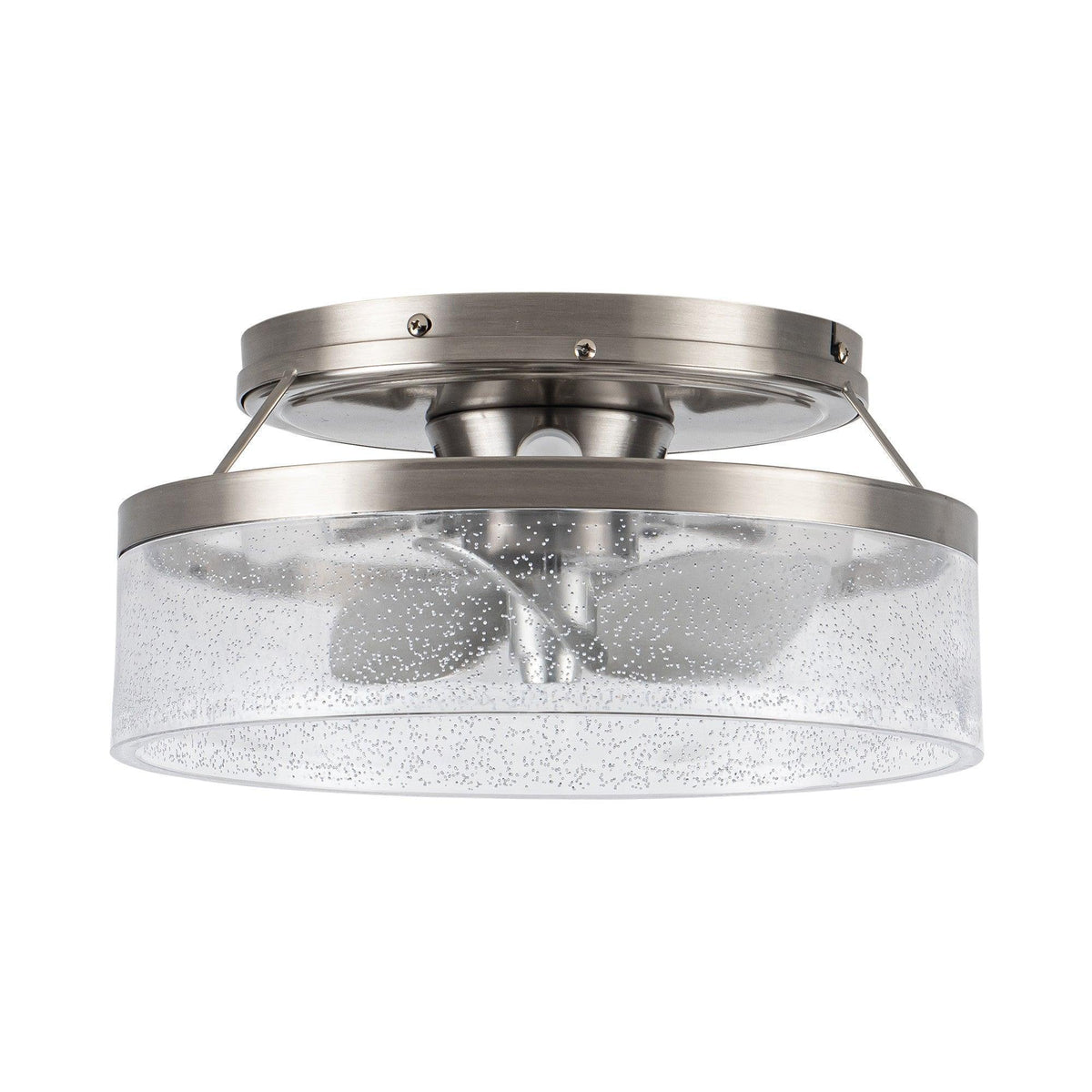 Satin nickel flush mount ceiling fan with frosted glass housing and integrated light