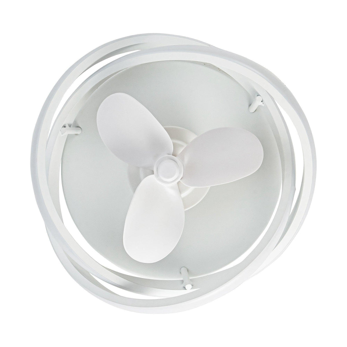 White flush-mount ceiling fan with three-blade rotor and circular light cover
