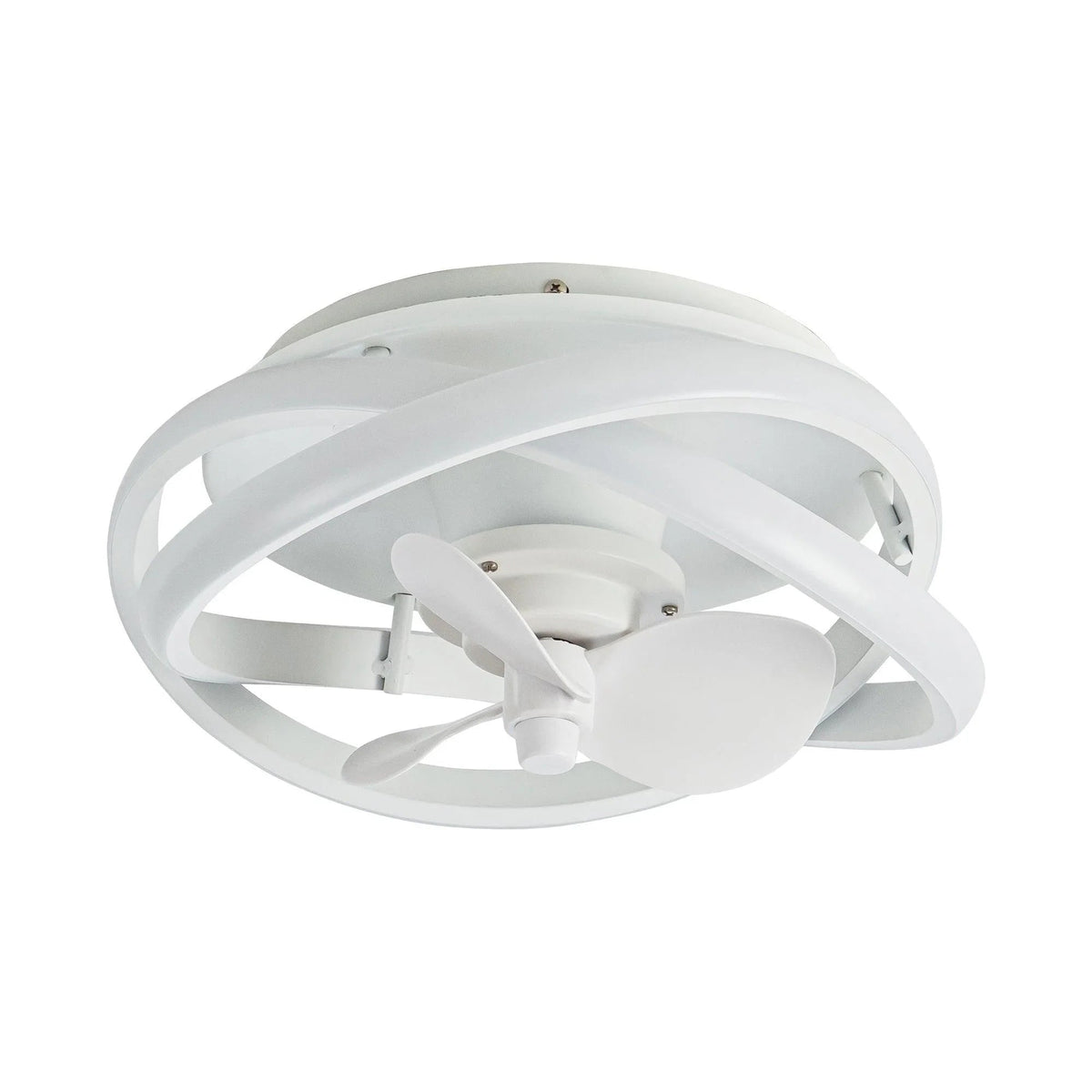 White flush-mount ceiling fan with caged ring, 3 blades, and integrated light