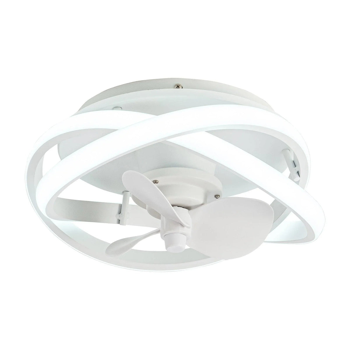 White 13-inch flush-mount ceiling fan with caged ring, 3 blades, and integrated light