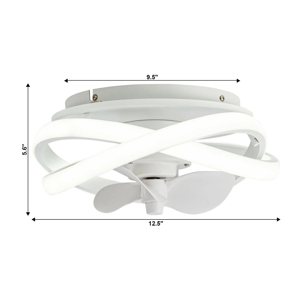 White 13-inch flush-mount ceiling fan with light and blade guard; size shown