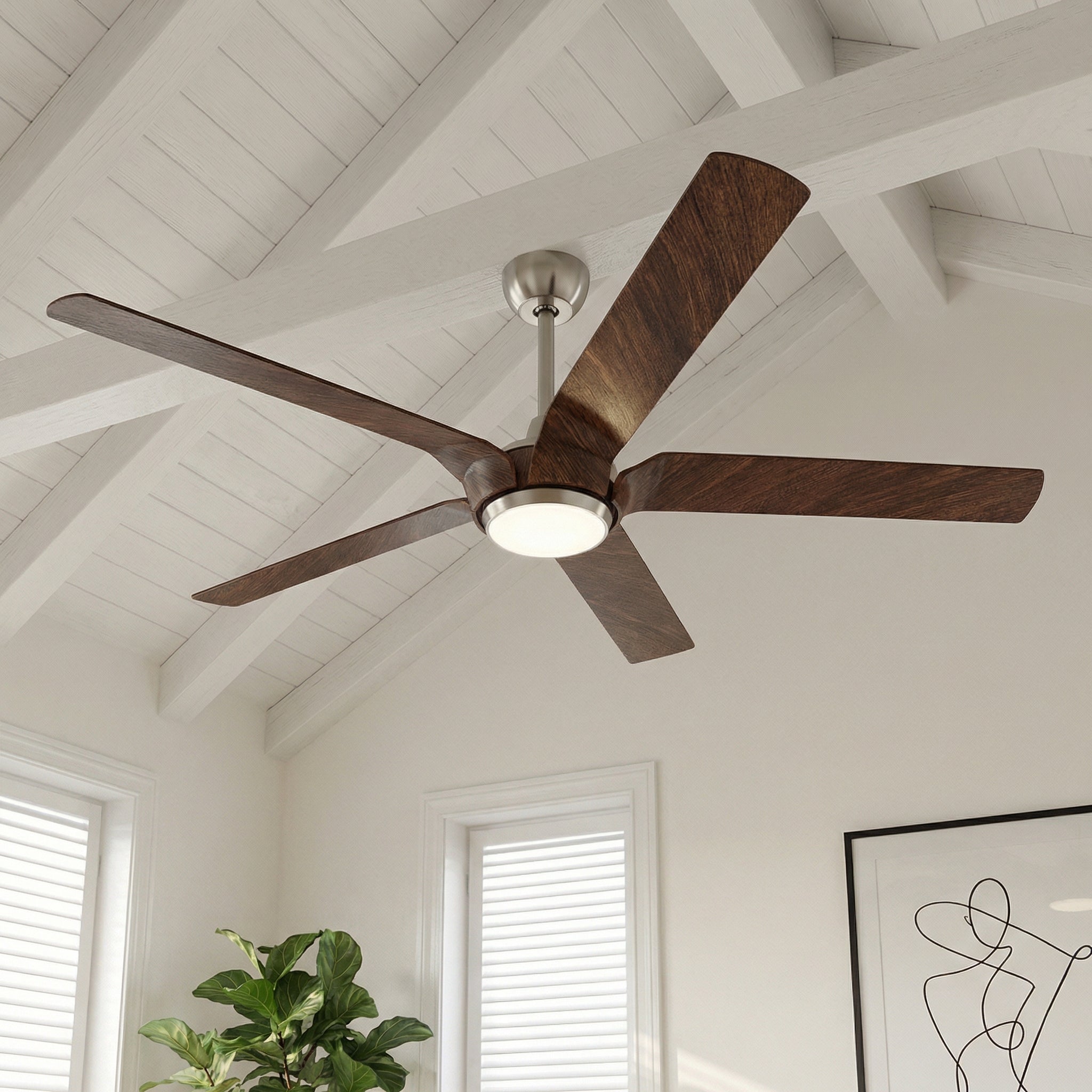 Ceiling fan with light, dark wood blades and brushed nickel canopy with downrod.