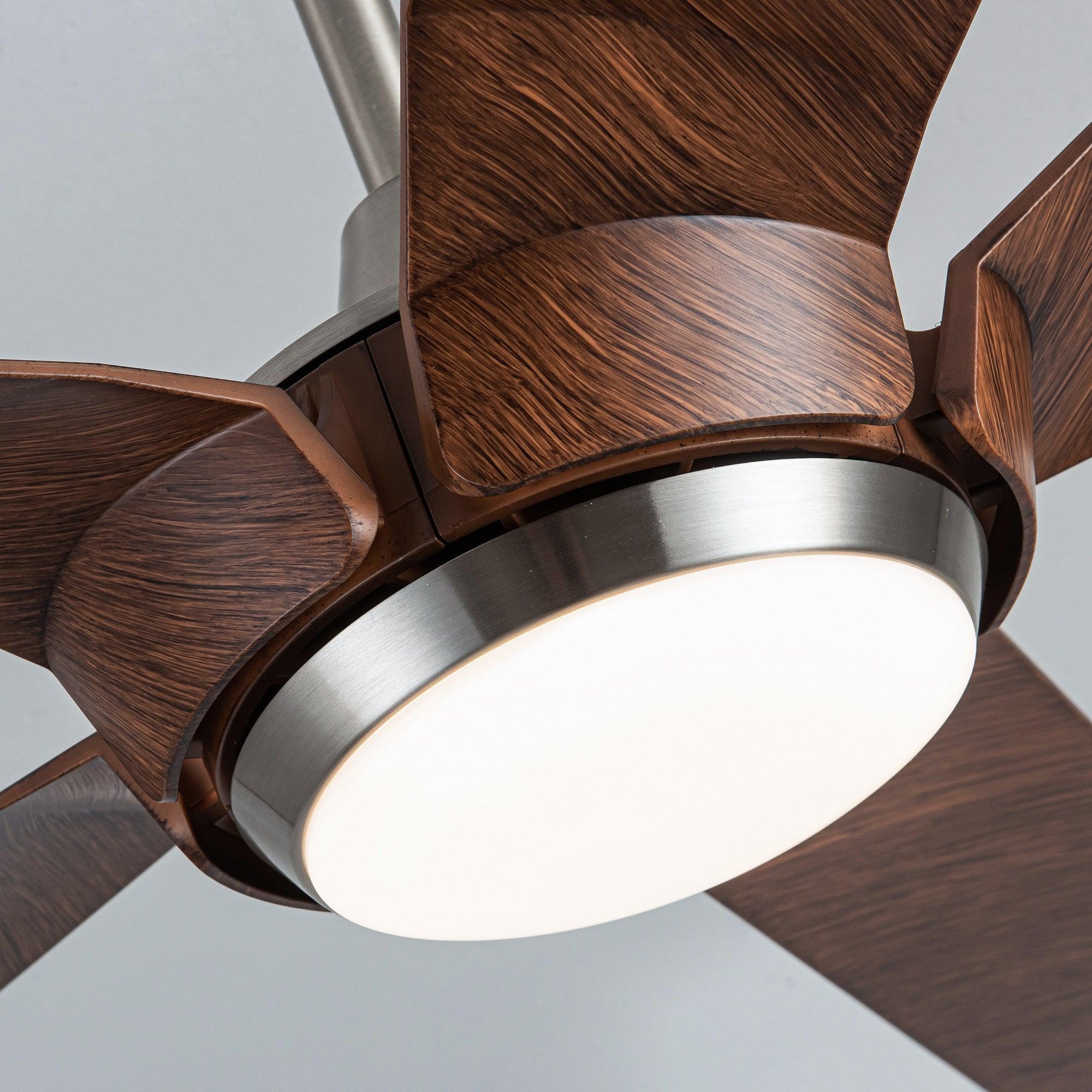 Ceiling fan light diffuser with brushed nickel trim and warm wood blades
