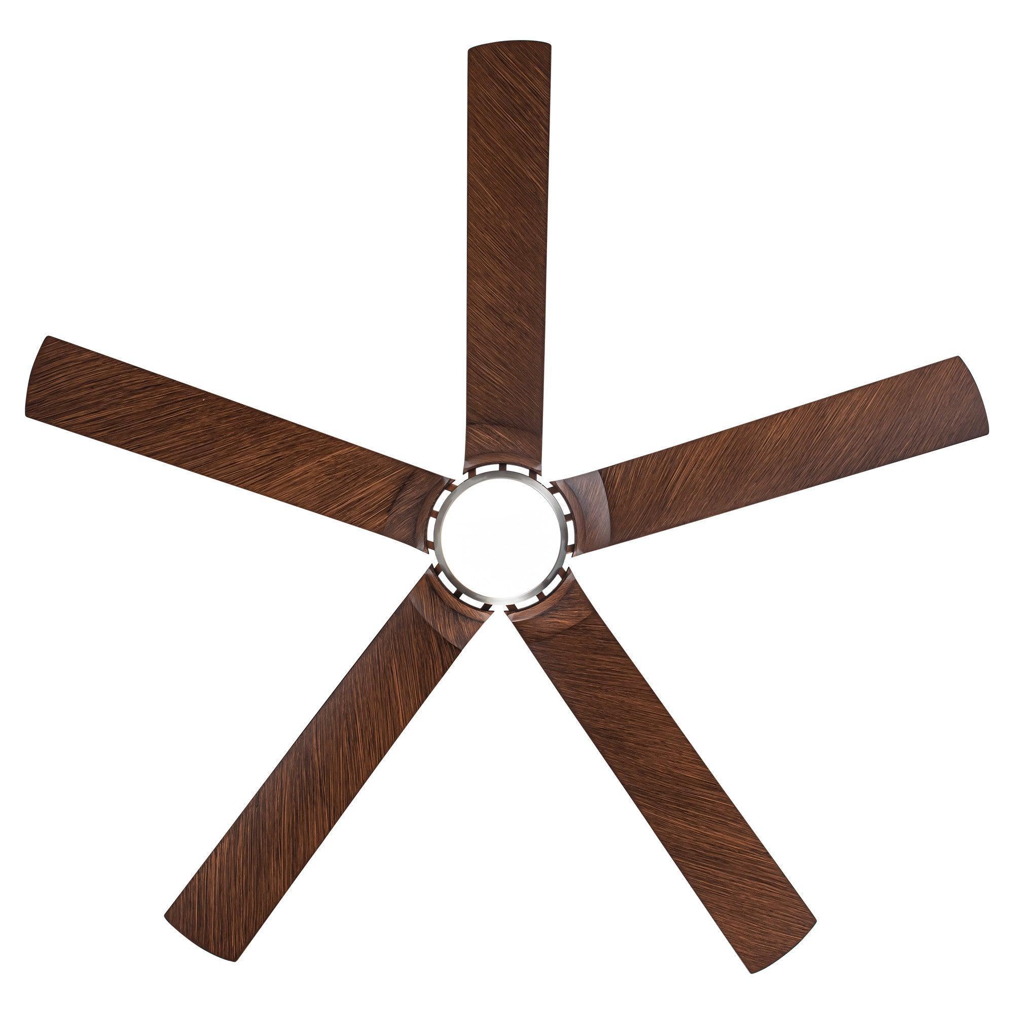 Ceiling fan with warm wood blades and brushed nickel light housing, centered