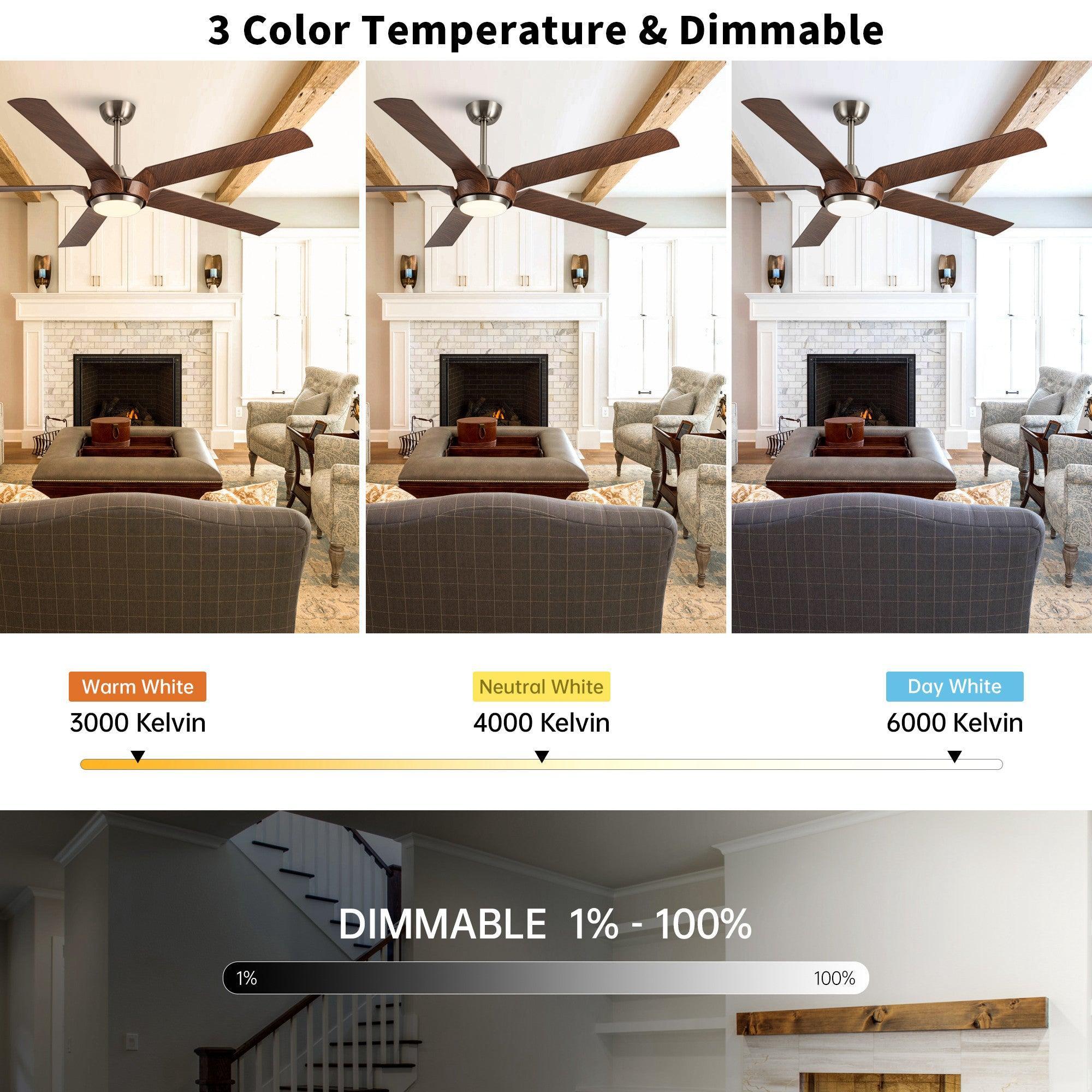 Dimmable ceiling fan light with three color temperatures, warm to cool white.