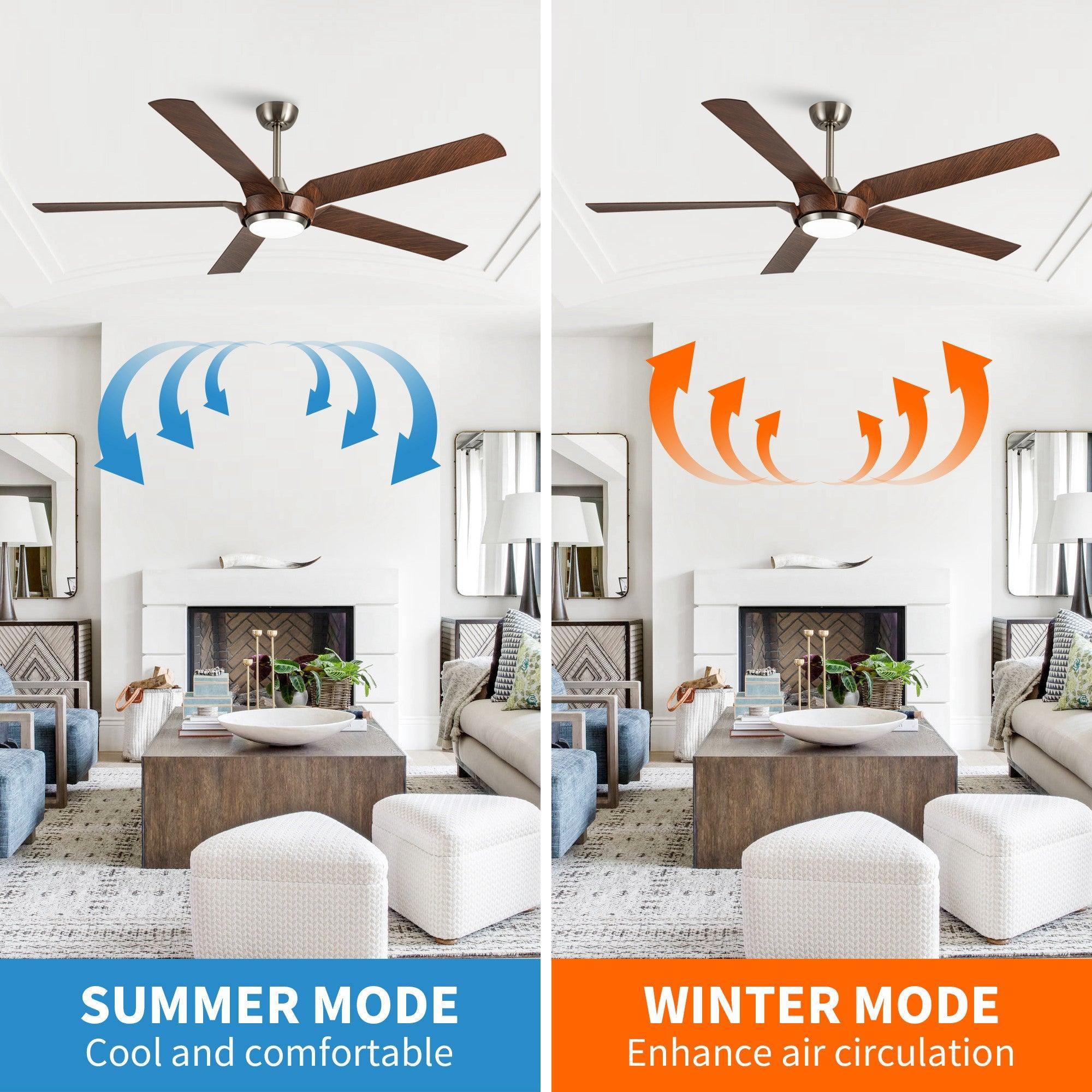 Brush nickel ceiling fan with warm wood blades and integrated light kit