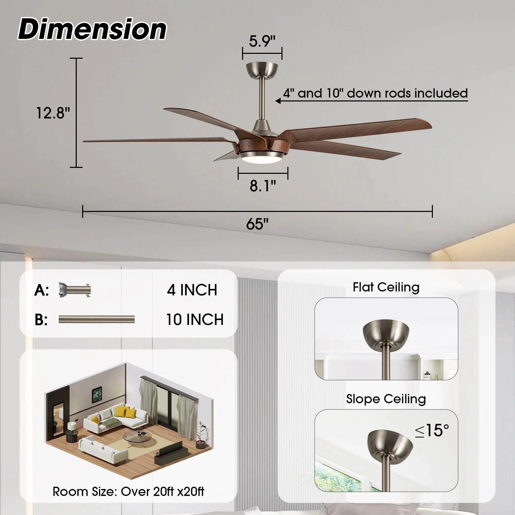 65-inch ceiling fan diagram with downrod mounting, blade span, and ceiling compatibility