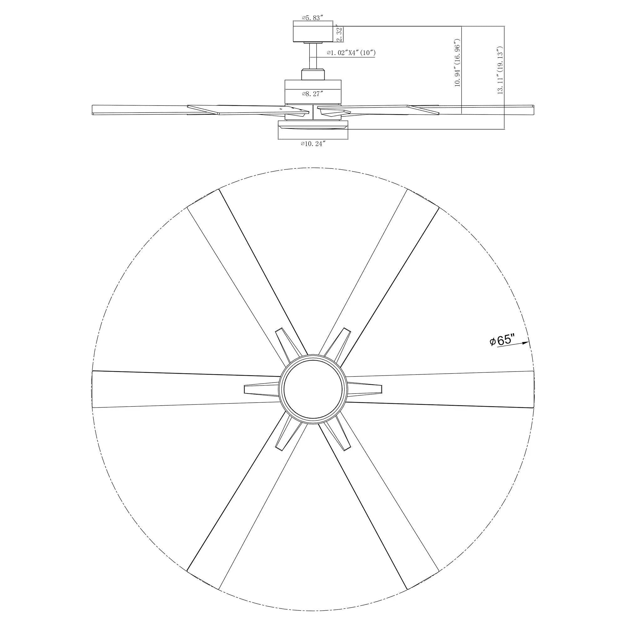 Black ceiling fan dimension diagram with circular blade layout, 65-inch size.
