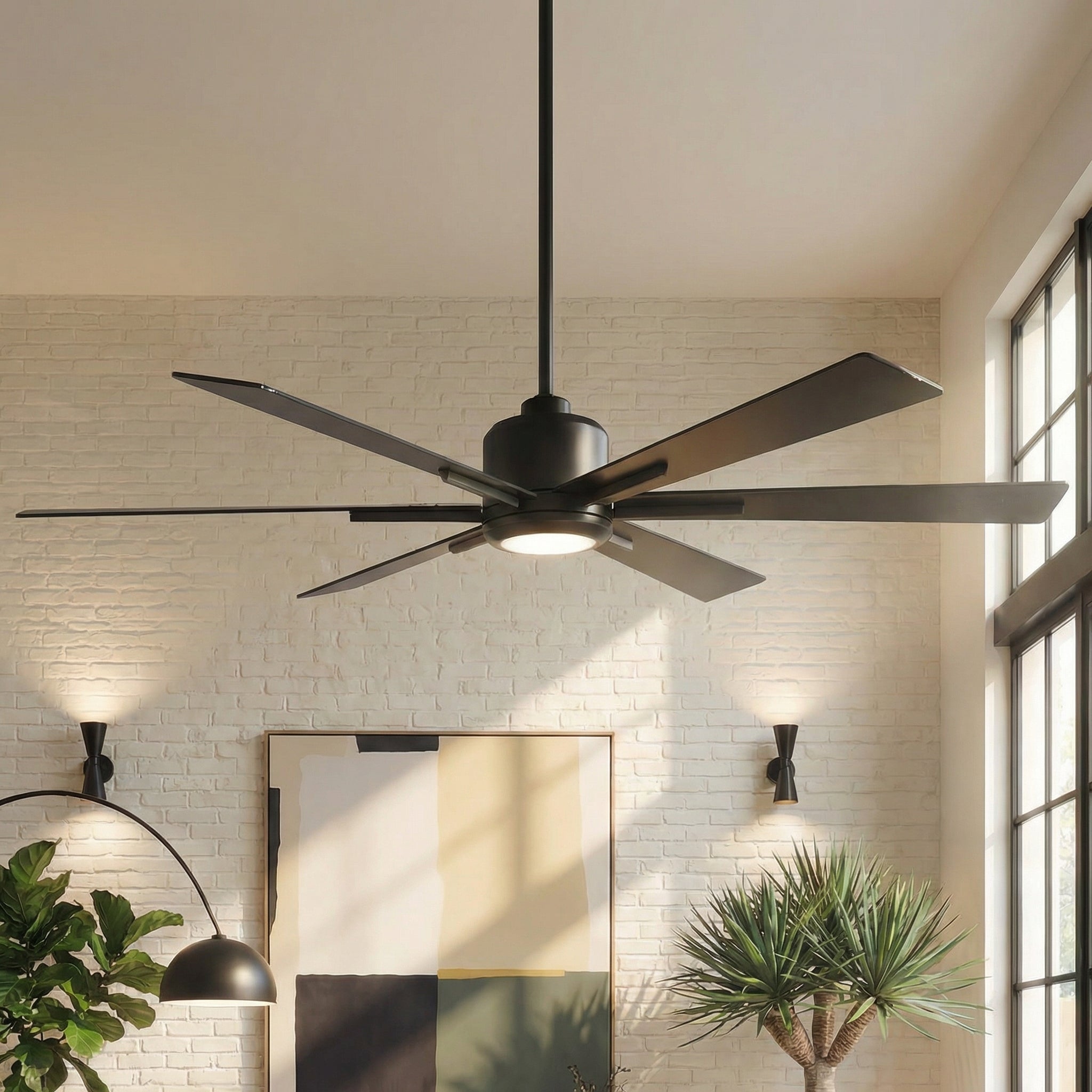 Black ceiling fan with integrated light and 5 metal blades on a downrod