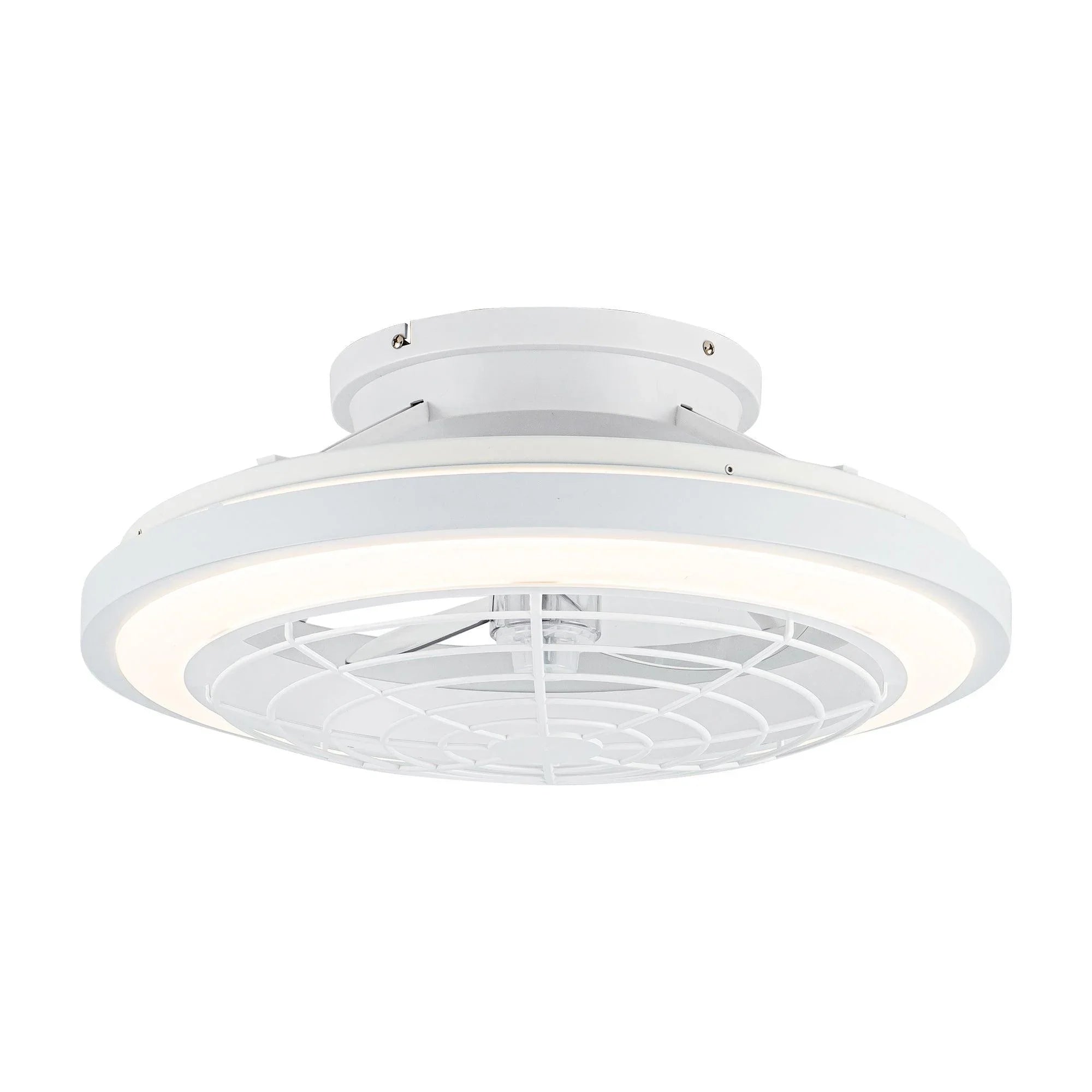 White flush mount ceiling fan with integrated light and reversible-style grille.