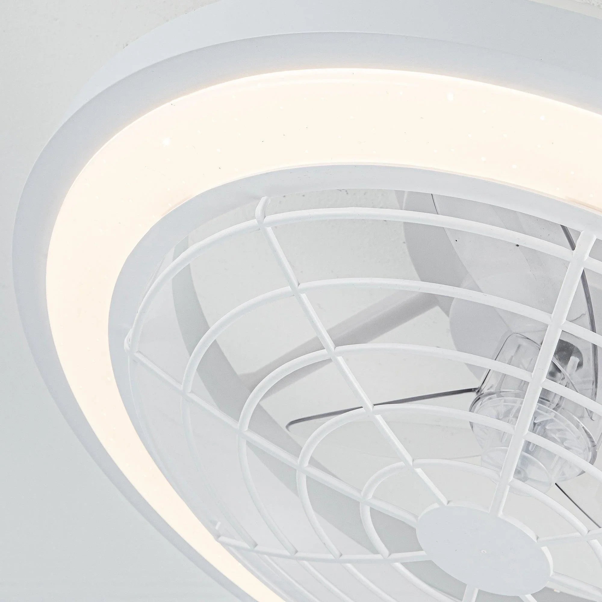 White ceiling fan with curved outer housing and clear central light lens.