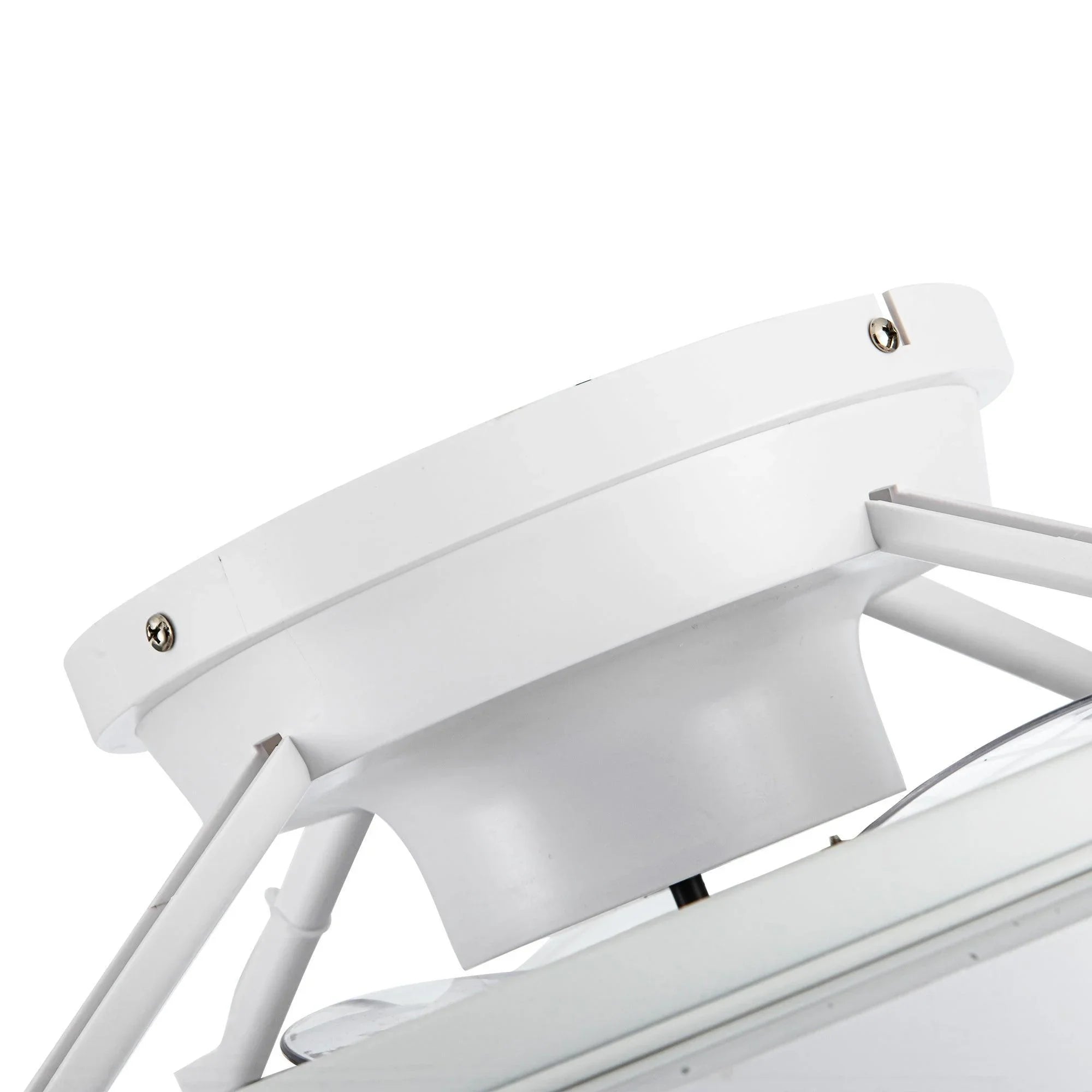 White fan motor housing with mounting bracket and exposed fasteners.
