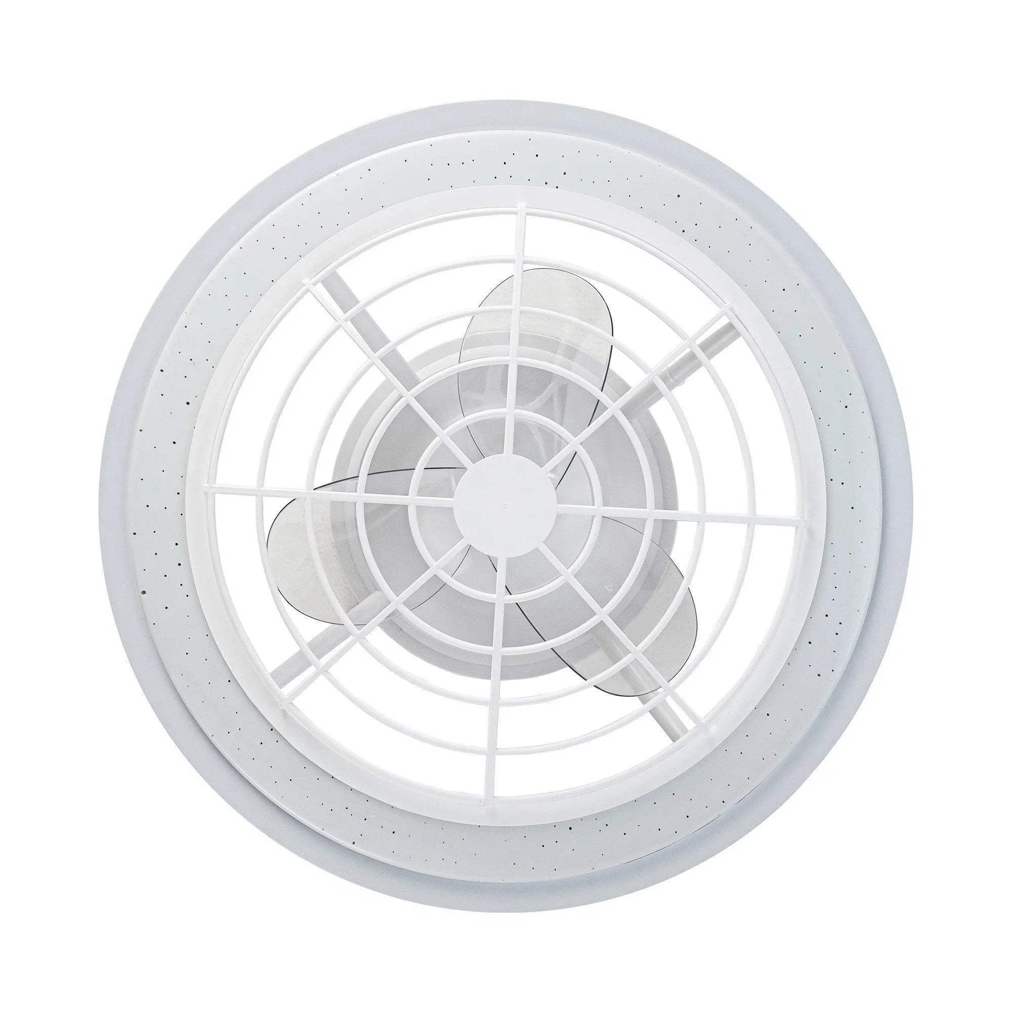 White flush mount ceiling fan with speckled outer ring and circular grille.