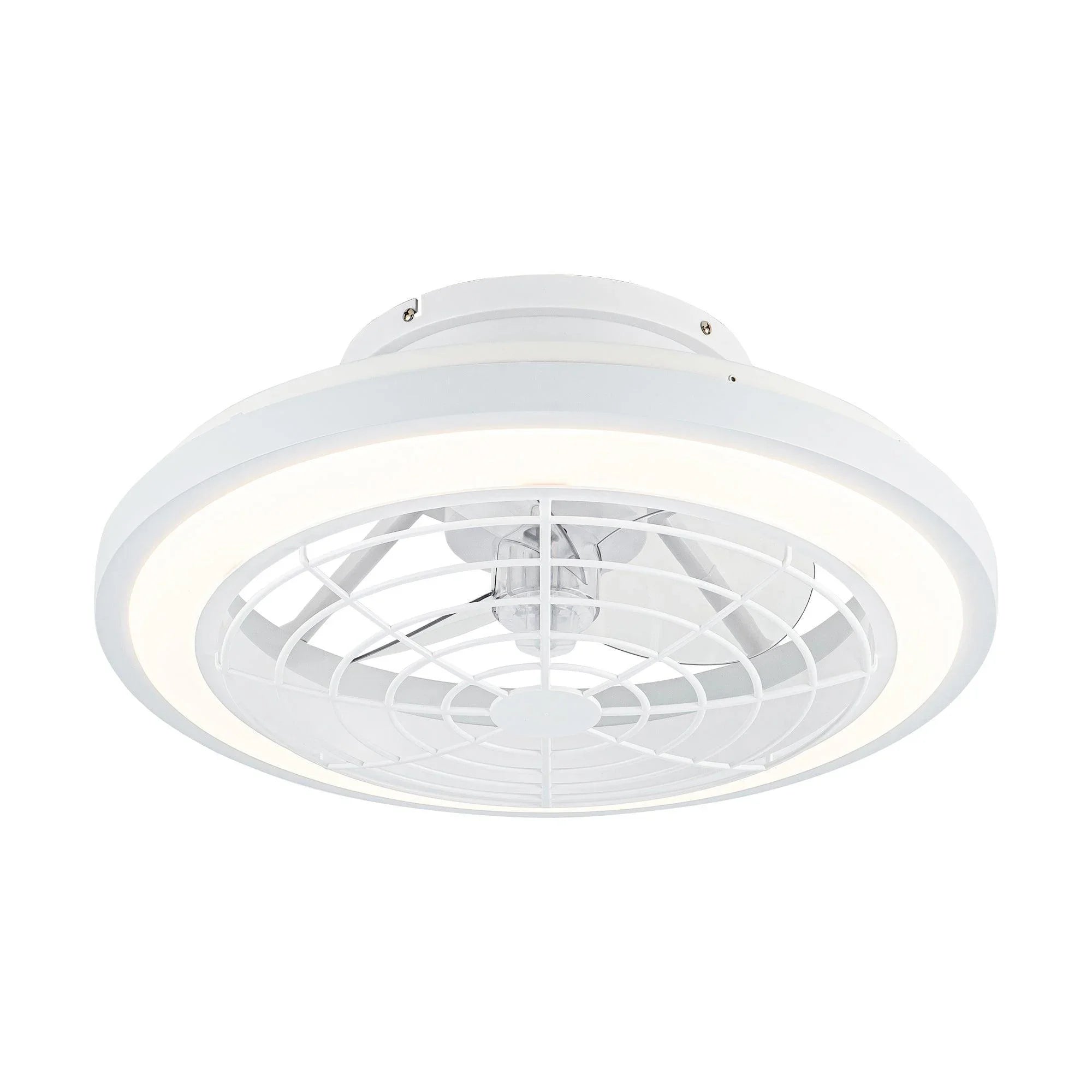White flush-mount ceiling fan with integrated light and circular blade cage design