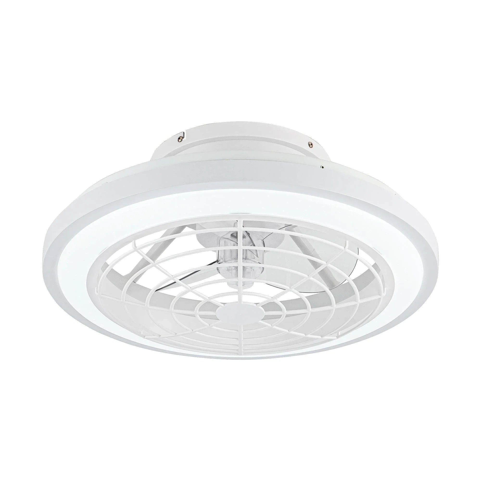 White flush-mount ceiling fan with circular ring frame and blade cage
