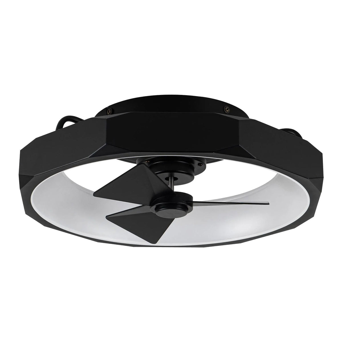 Black flush mount ceiling fan with integrated light disc and three blades