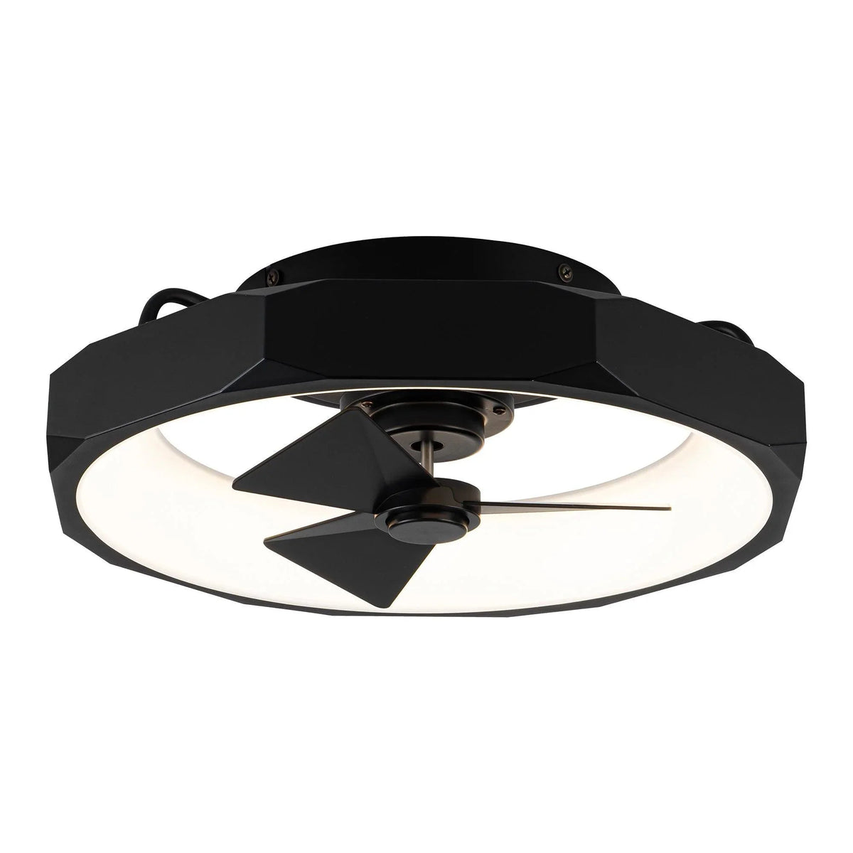Black flush mount ceiling fan with integrated light ring and three blades