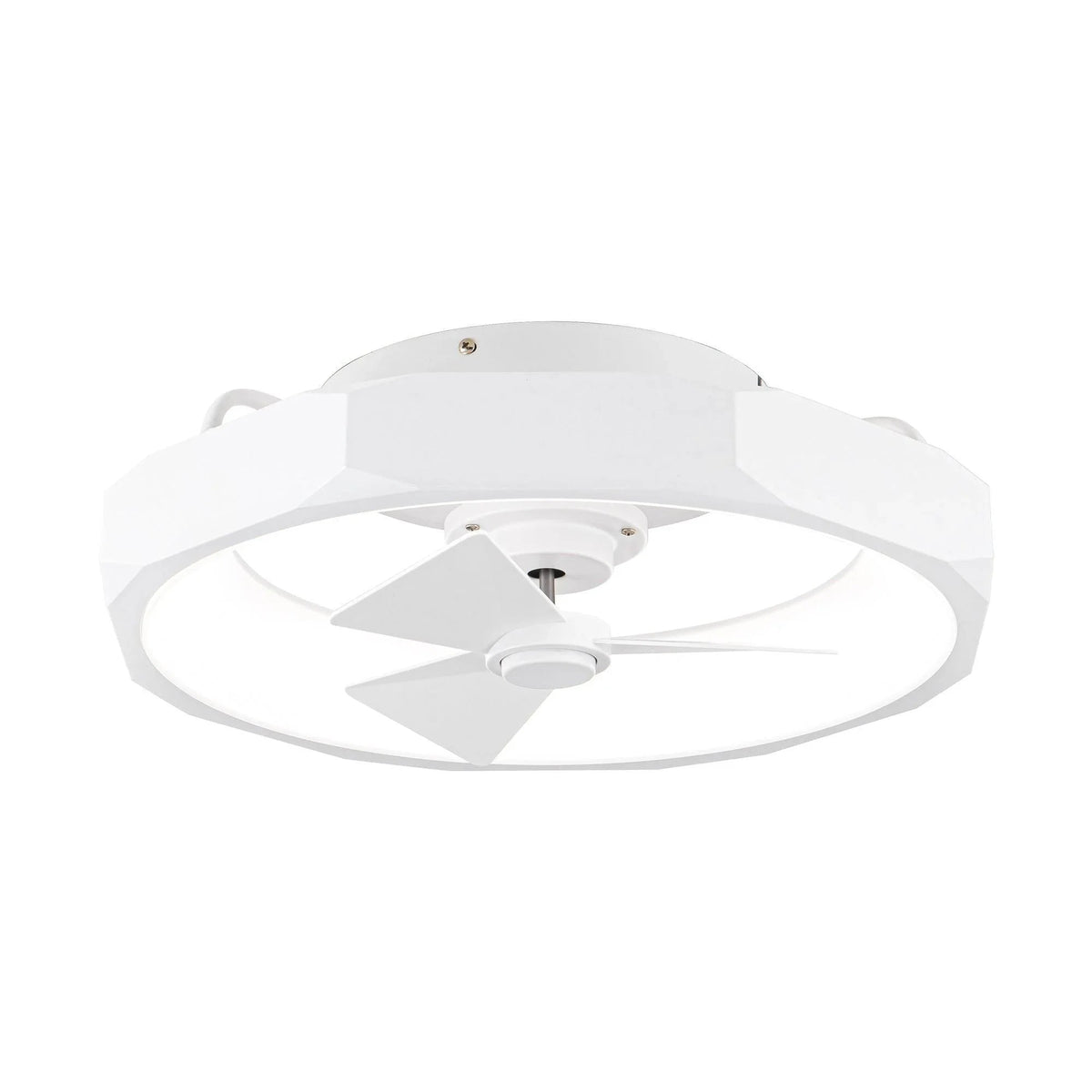 White flush mount ceiling fan with integrated light and three blades