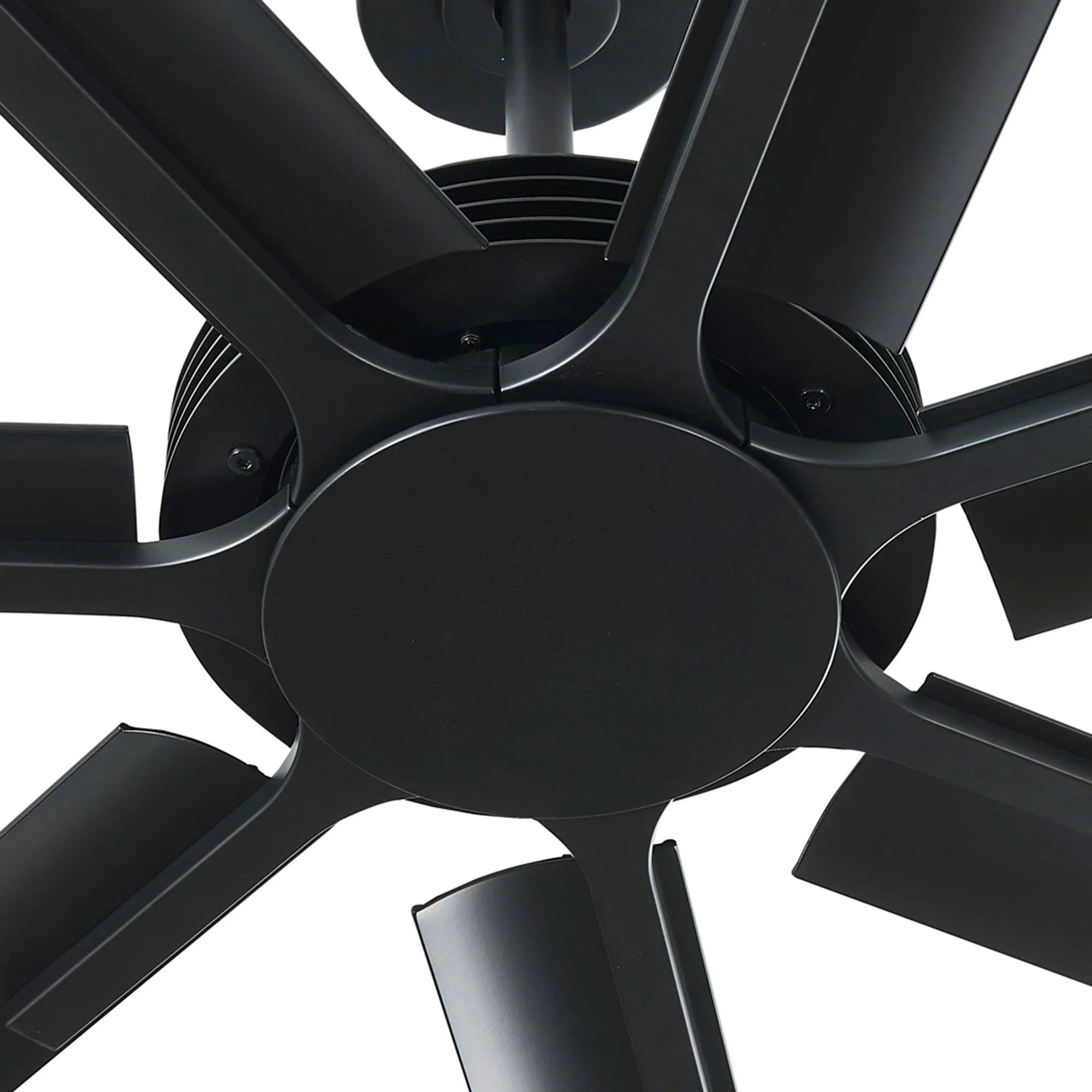 Parrot Uncle ceiling fan motor housing and 8 black blades close-up