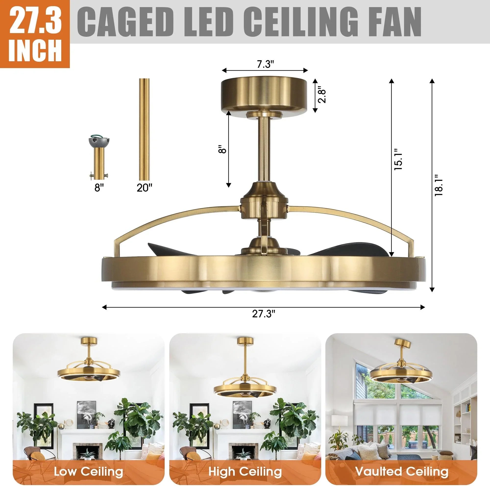 Golden caged LED ceiling fan with 27.3 in blade span and integrated light