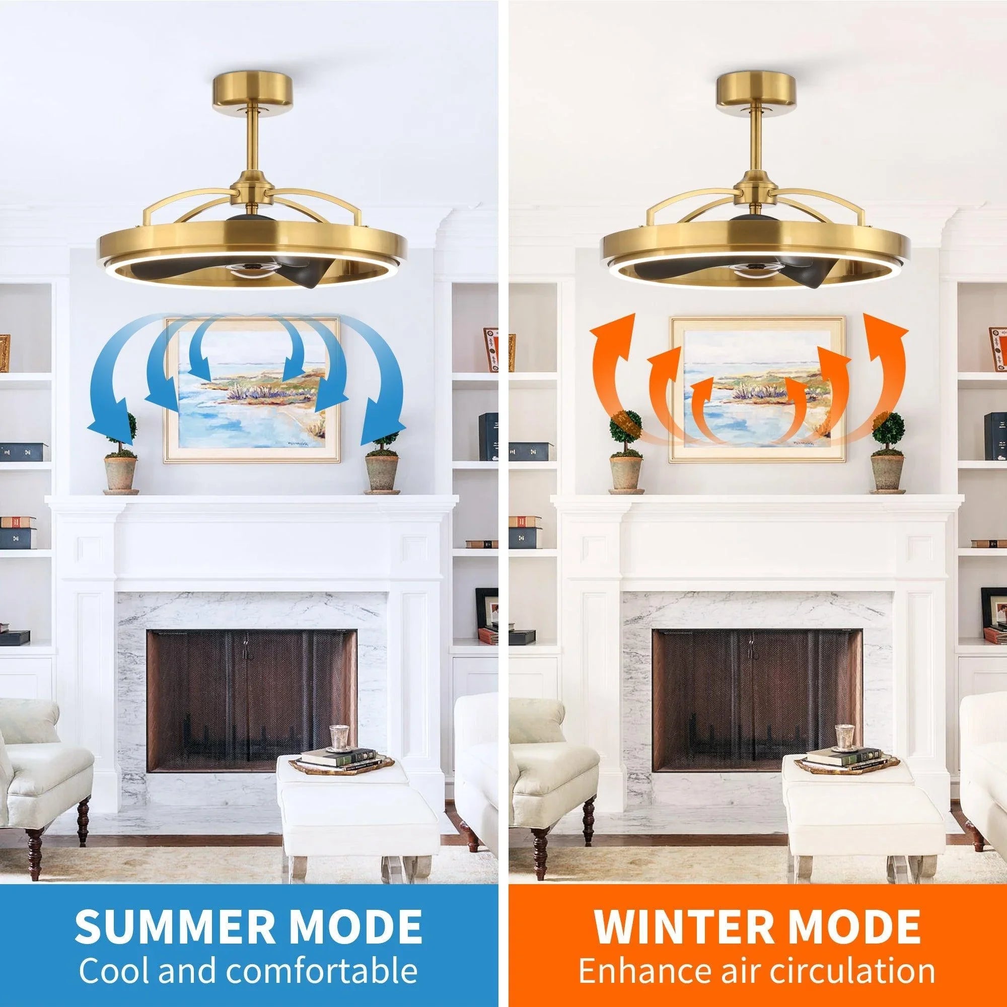 Golden ceiling fan in summer and winter modes, integrated light on top