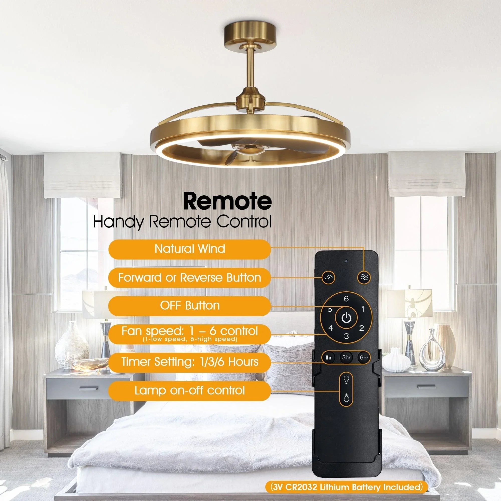 Golden ceiling fan with integrated light and handy remote control, blades visible